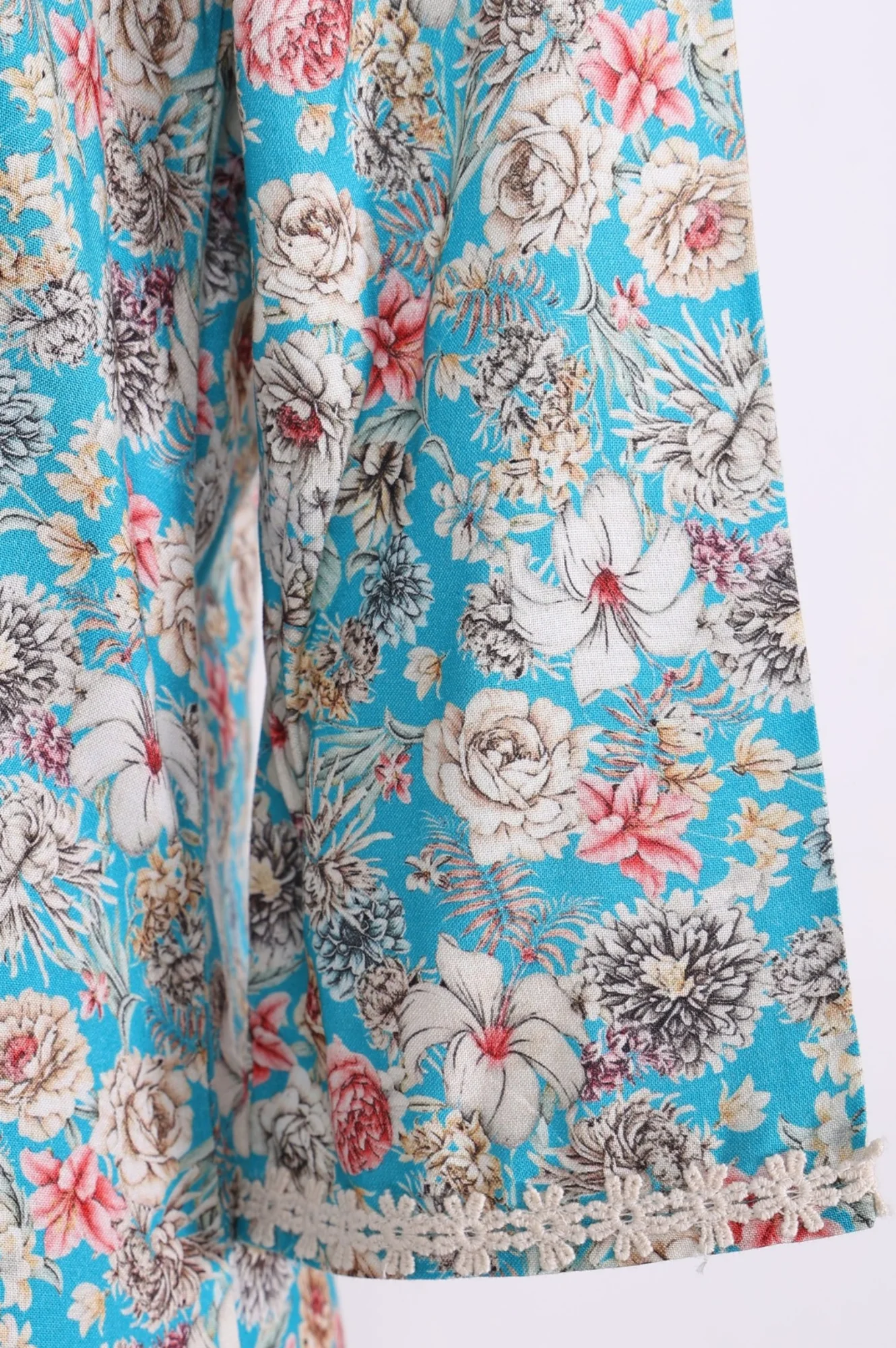 Teal Floral Printed Lace A-line Kurta - Image 6