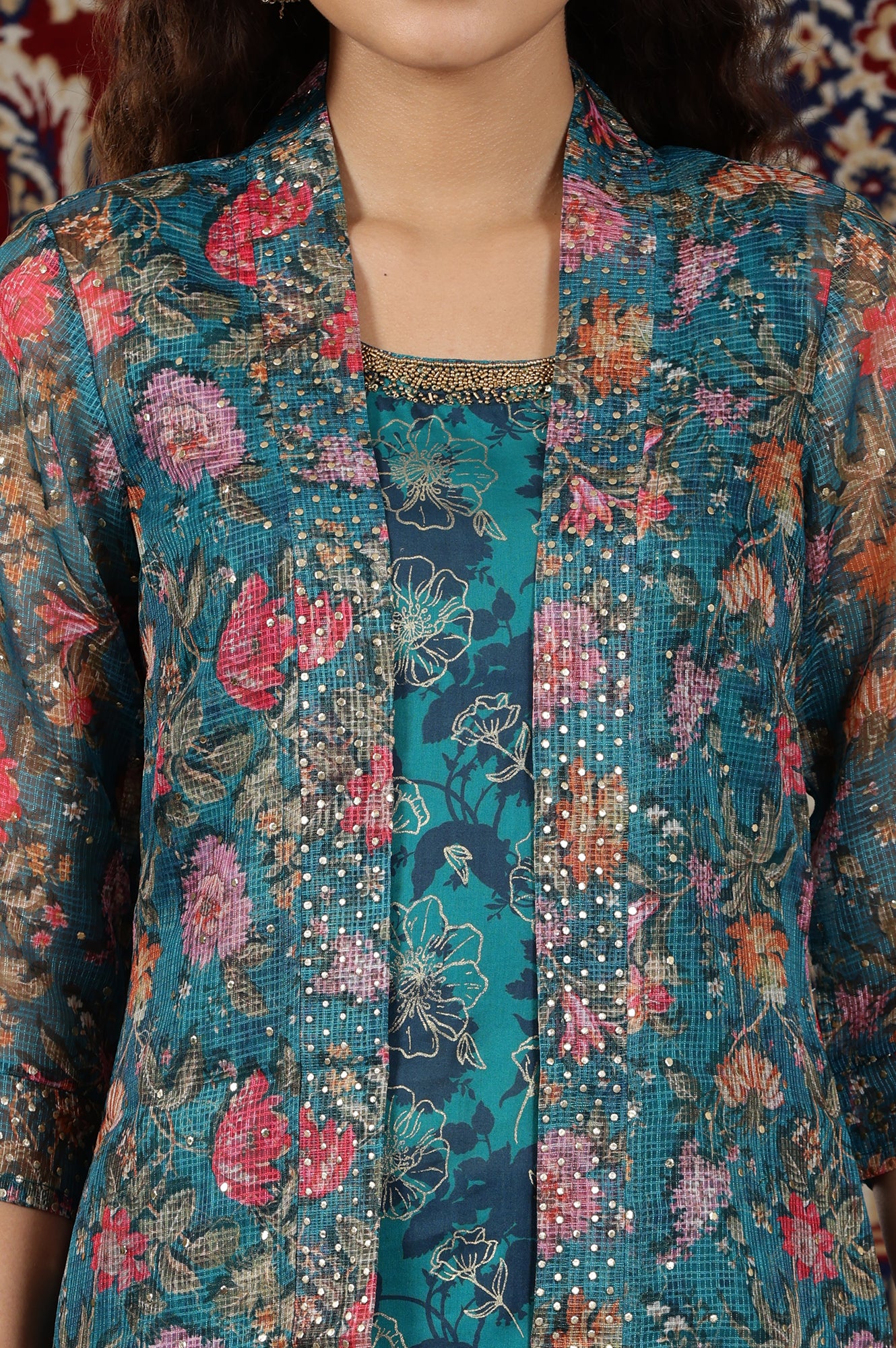 Teal Floral Printed Pure Cotton Sleeveless Kurta, Sheer Gilet and Pants Set - Image 3