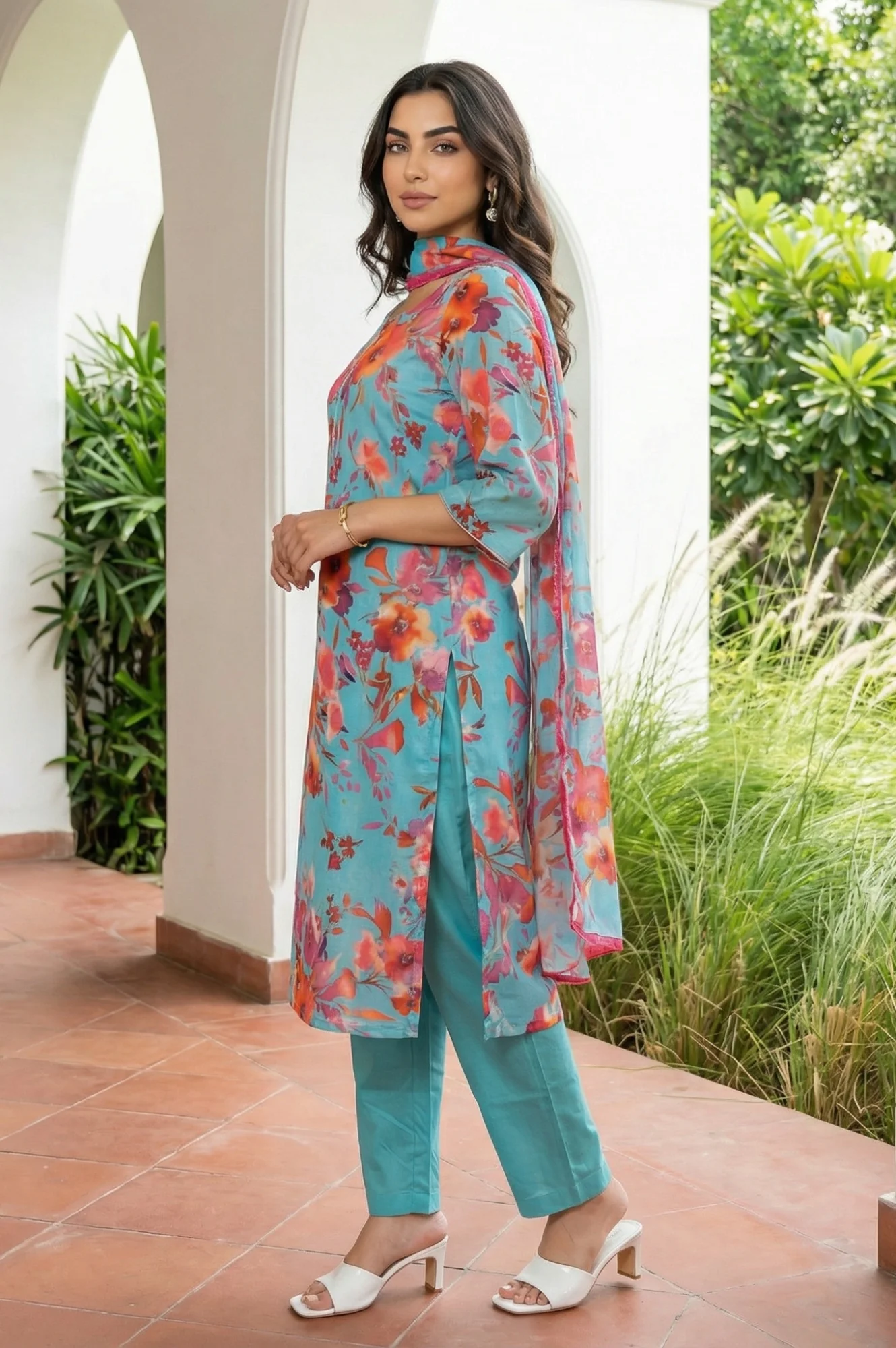 Teal Floral Printed Straight Kurta with Palazzo and Stole Set - Image 3