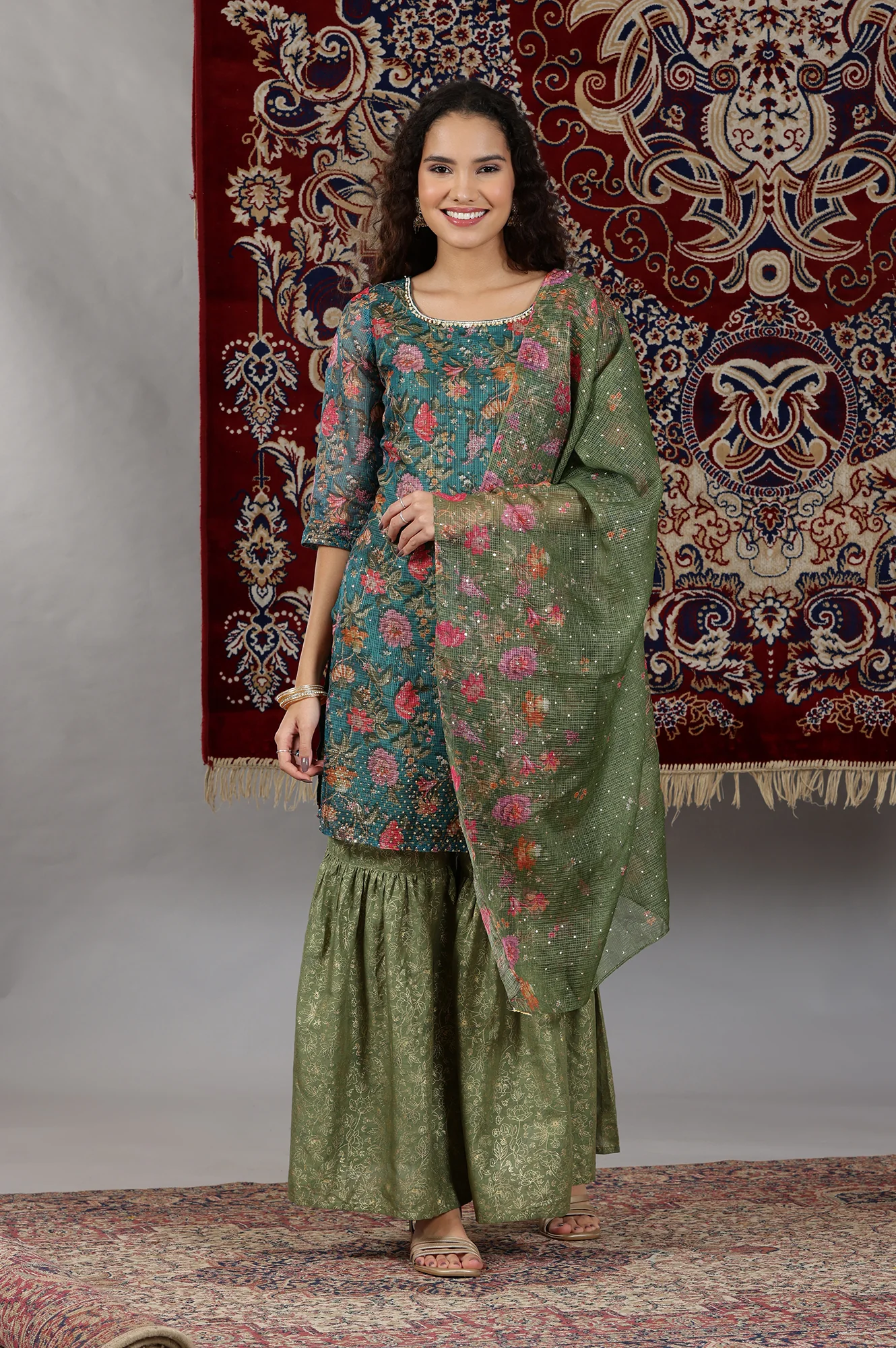 Teal Green Floral Printed Straight Kurta, Sharara and Dupatta Set - Image 3