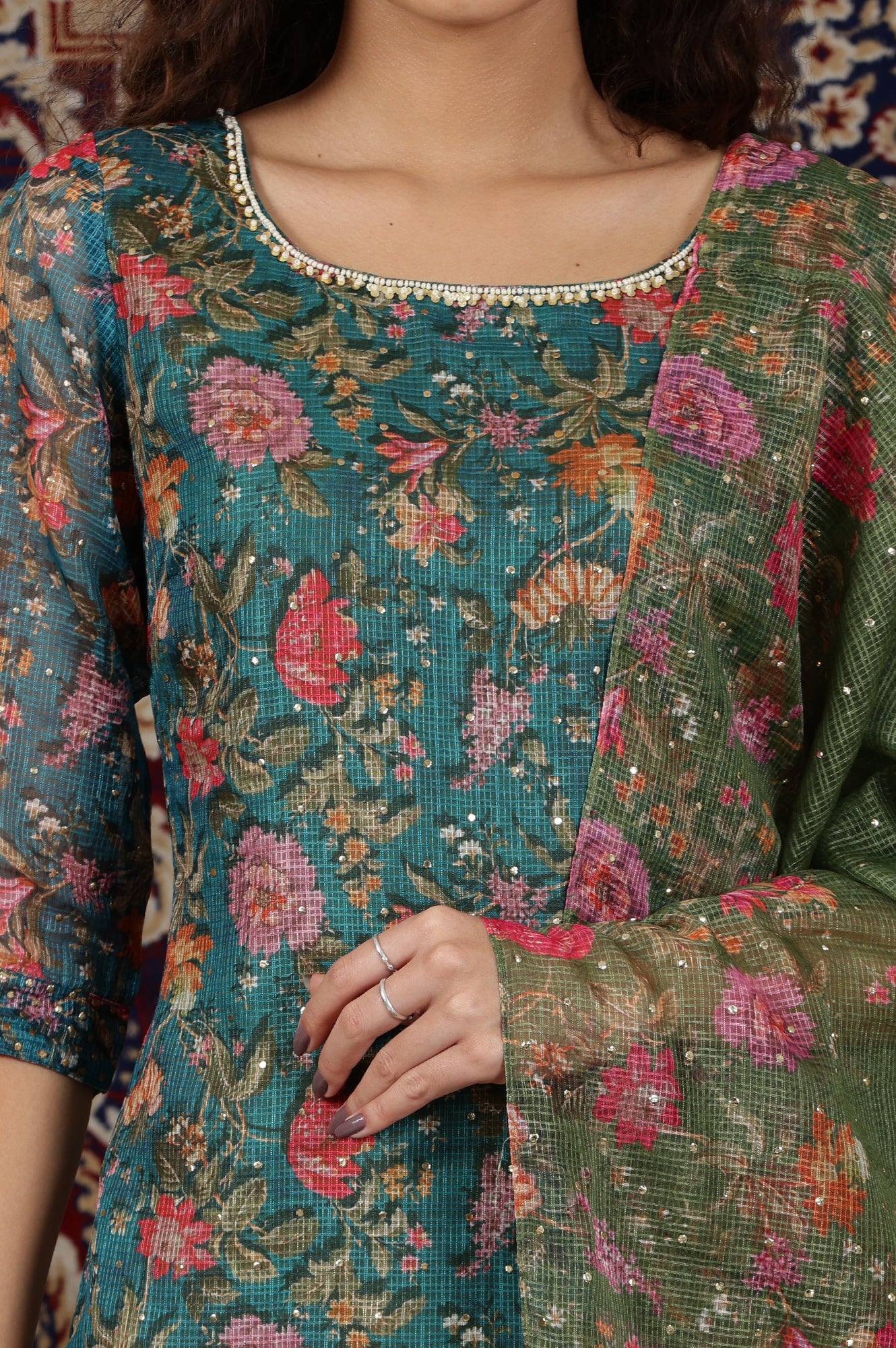 Teal Green Floral Printed Straight Kurta, Sharara and Dupatta Set - Image 4
