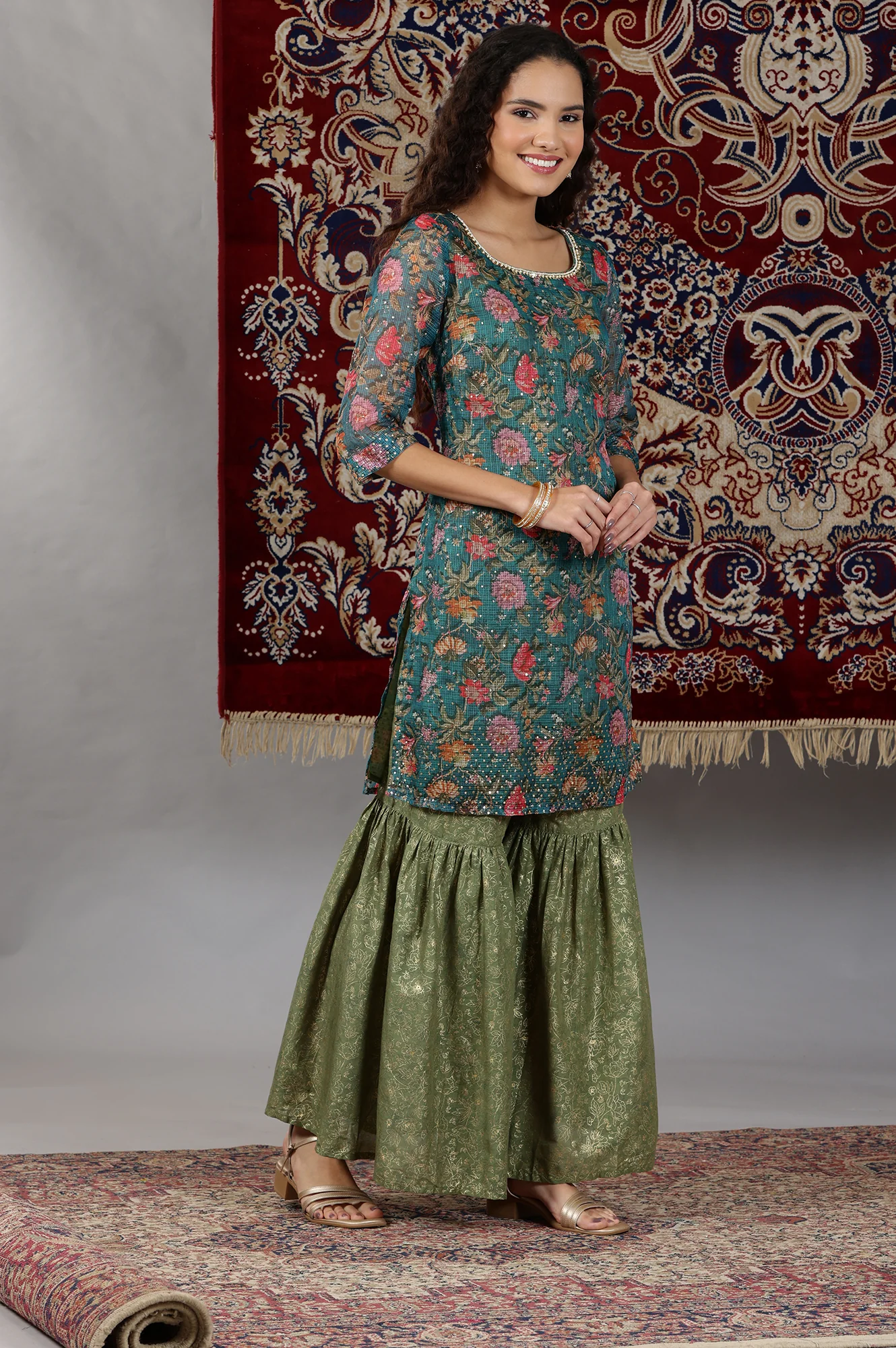 Teal Green Floral Printed Straight Kurta, Sharara and Dupatta Set - Image 5