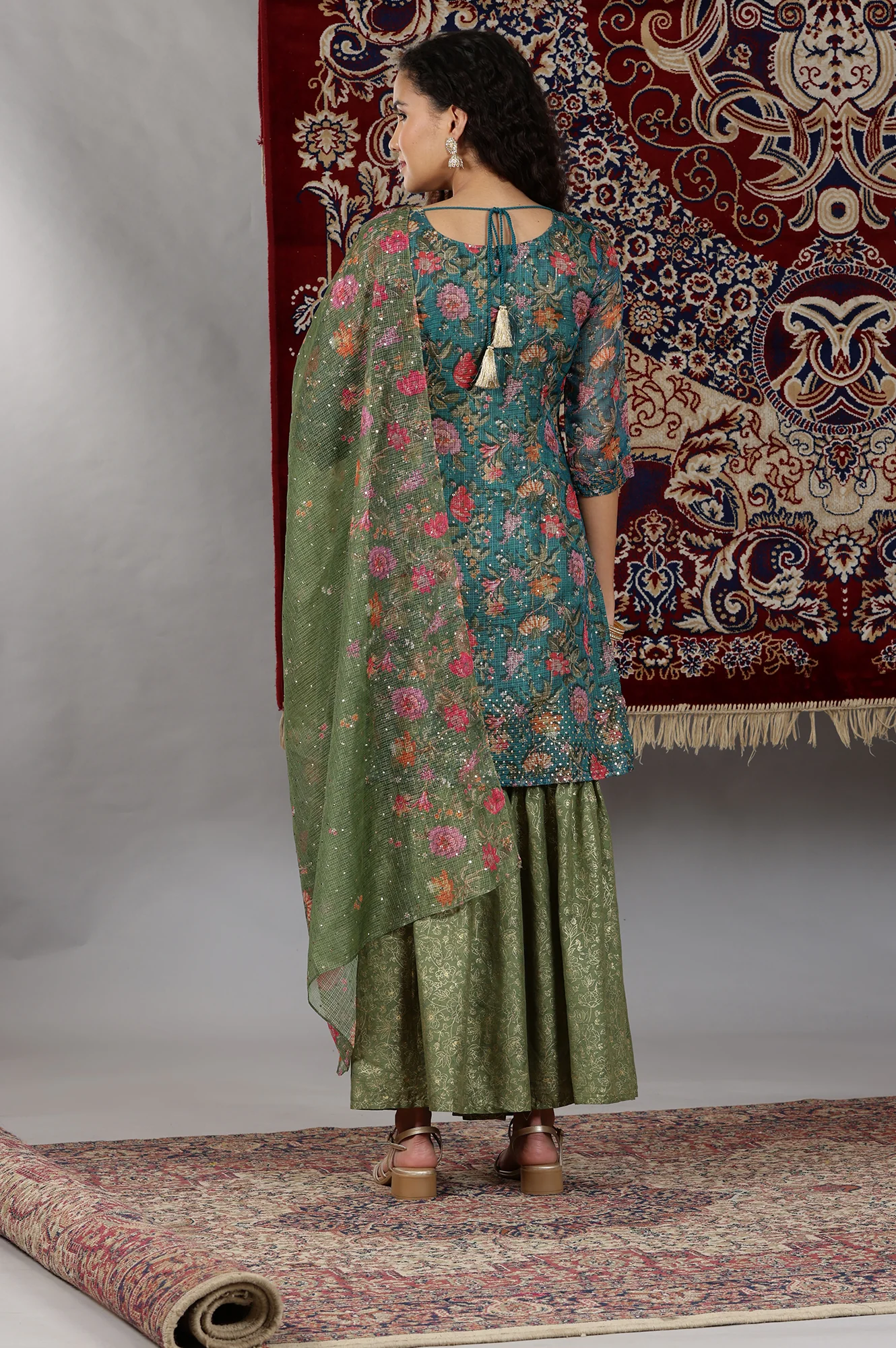 Teal Green Floral Printed Straight Kurta, Sharara and Dupatta Set - Image 6