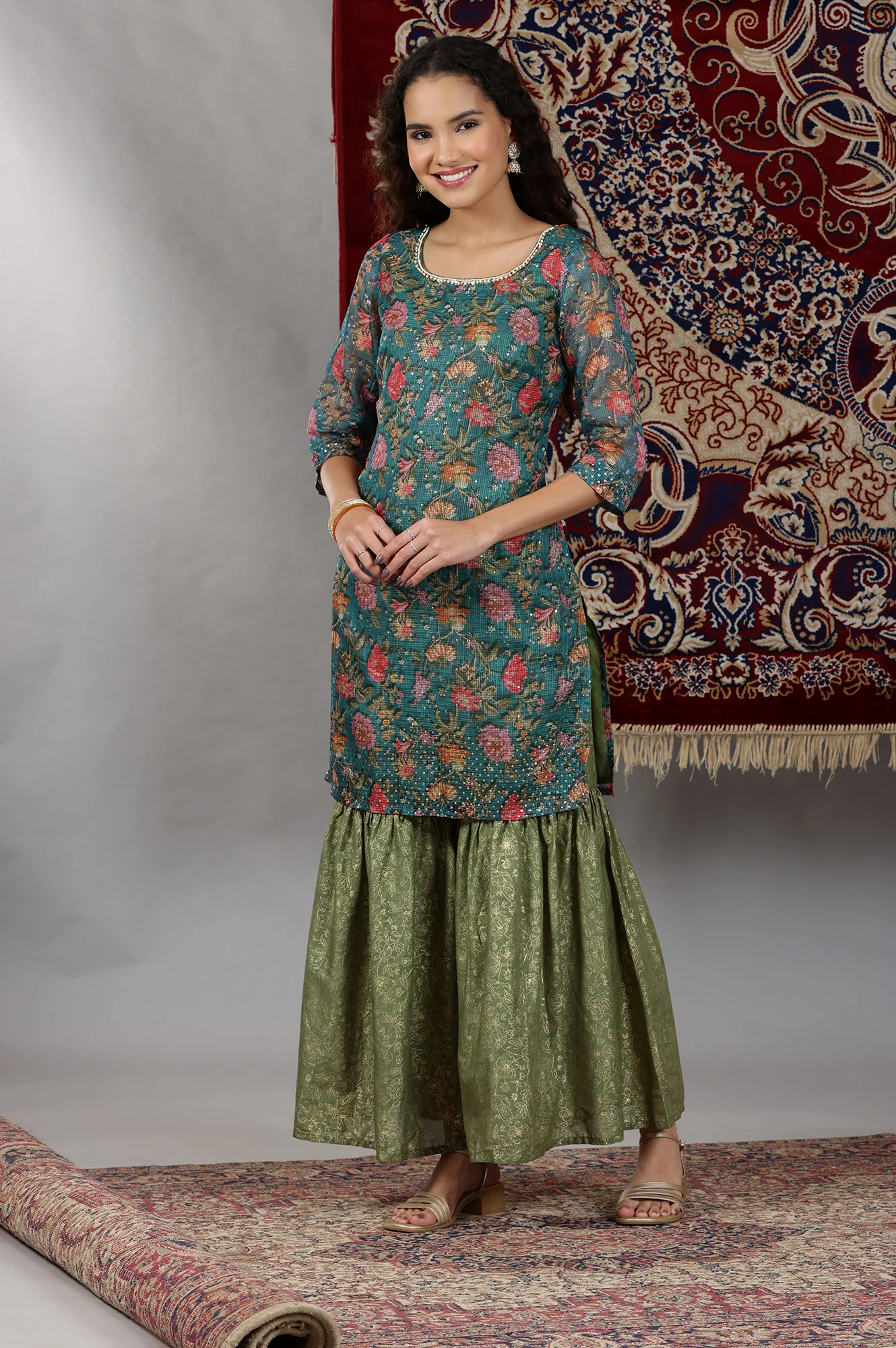 Teal Green Floral Printed Straight Kurta, Sharara and Dupatta Set - Image 7