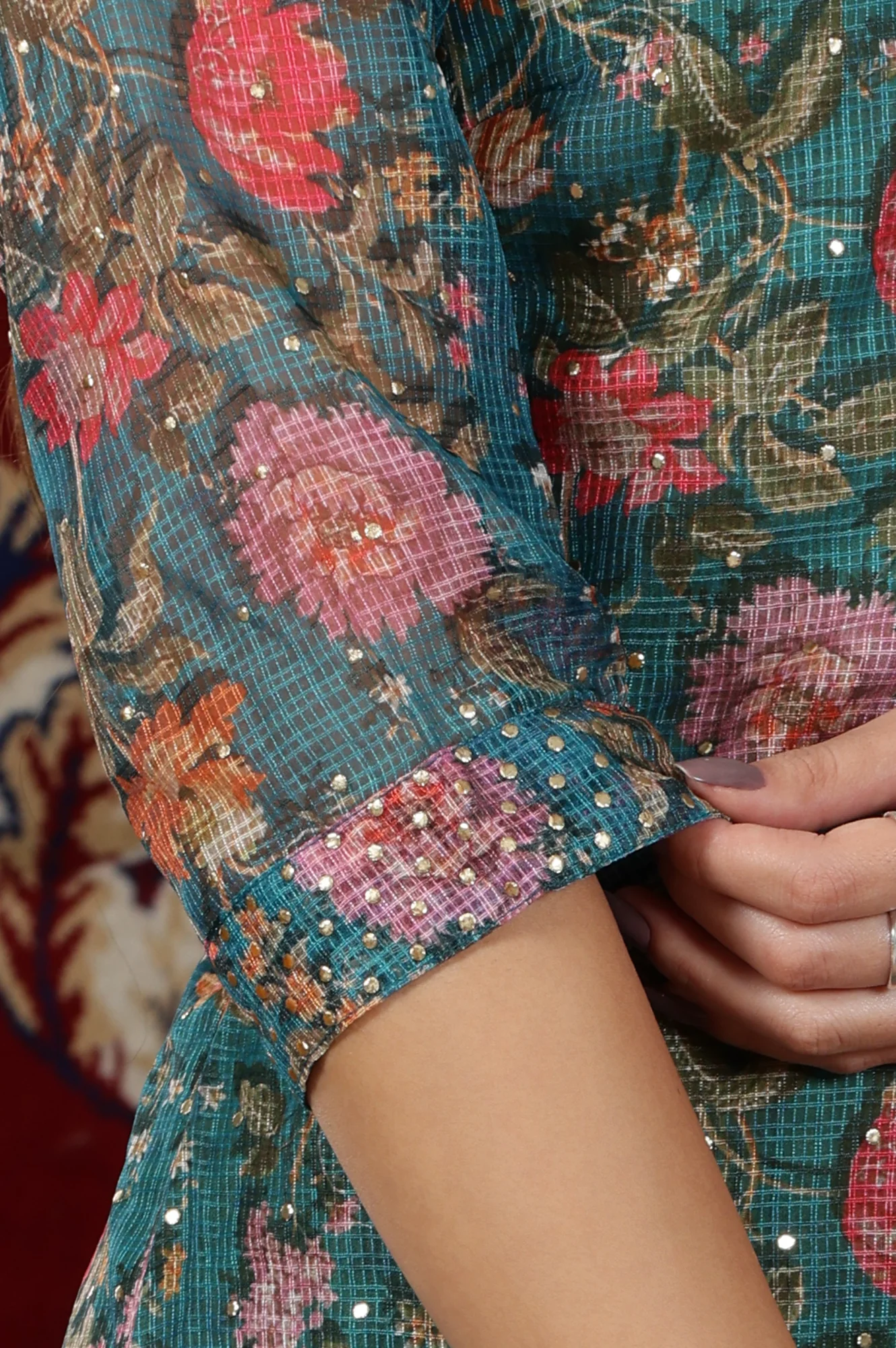 Teal Green Floral Printed Straight Kurta, Sharara and Dupatta Set - Image 8
