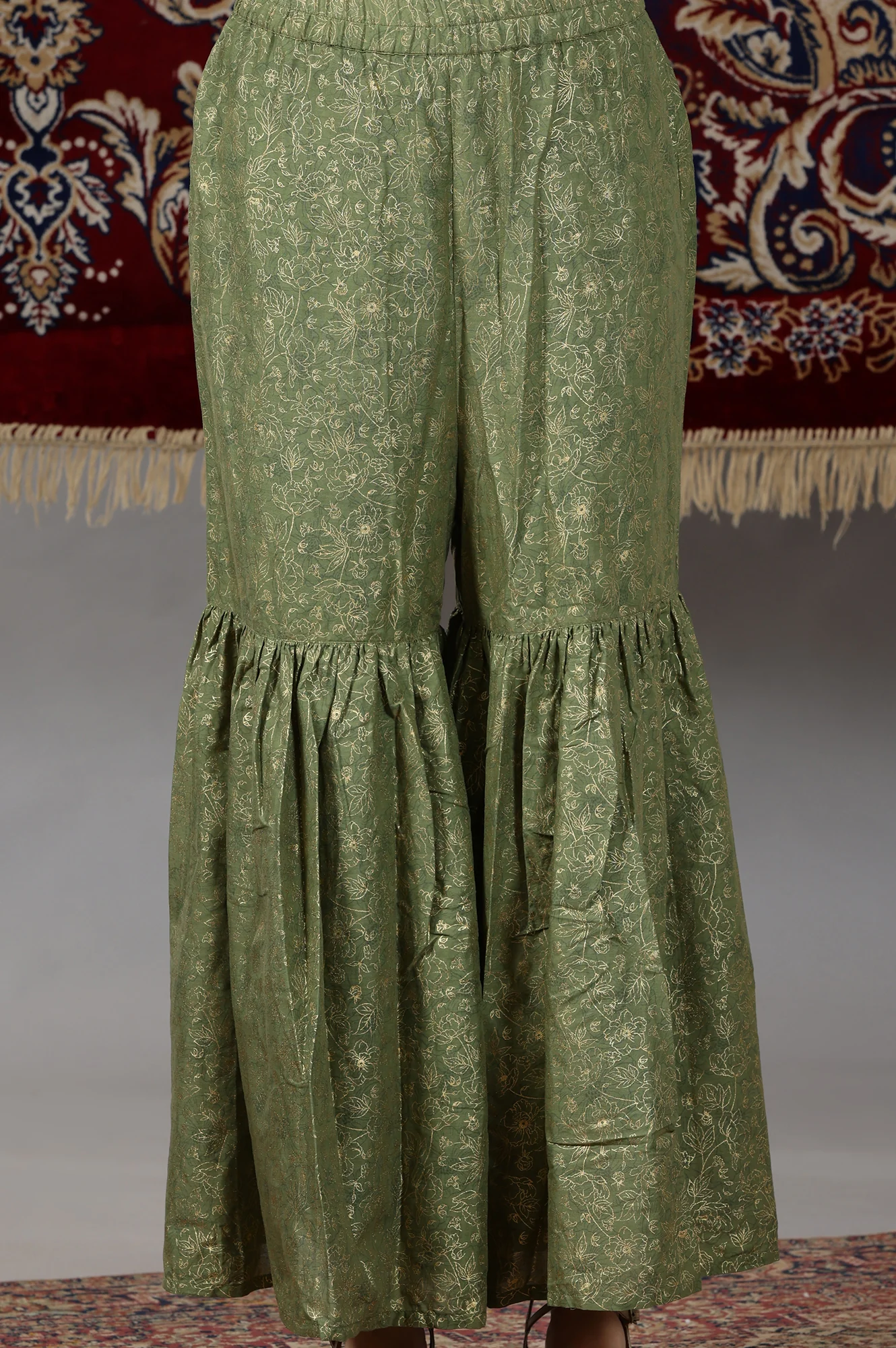 Teal Green Floral Printed Straight Kurta, Sharara and Dupatta Set - Image 9