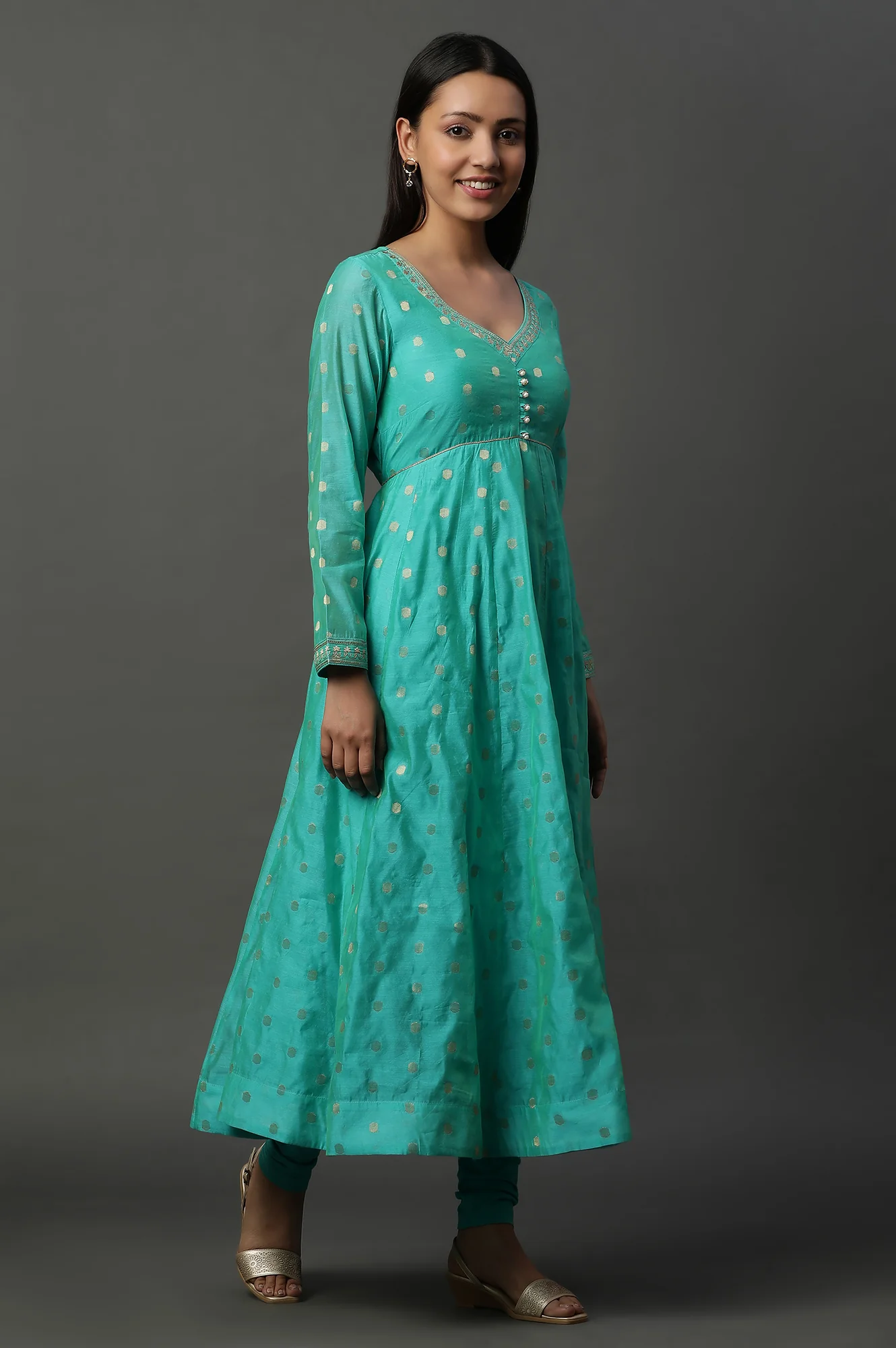 Teal Green Zari Anarkali Kurta, Tights and Banarsi Dupatta Set - Image 3