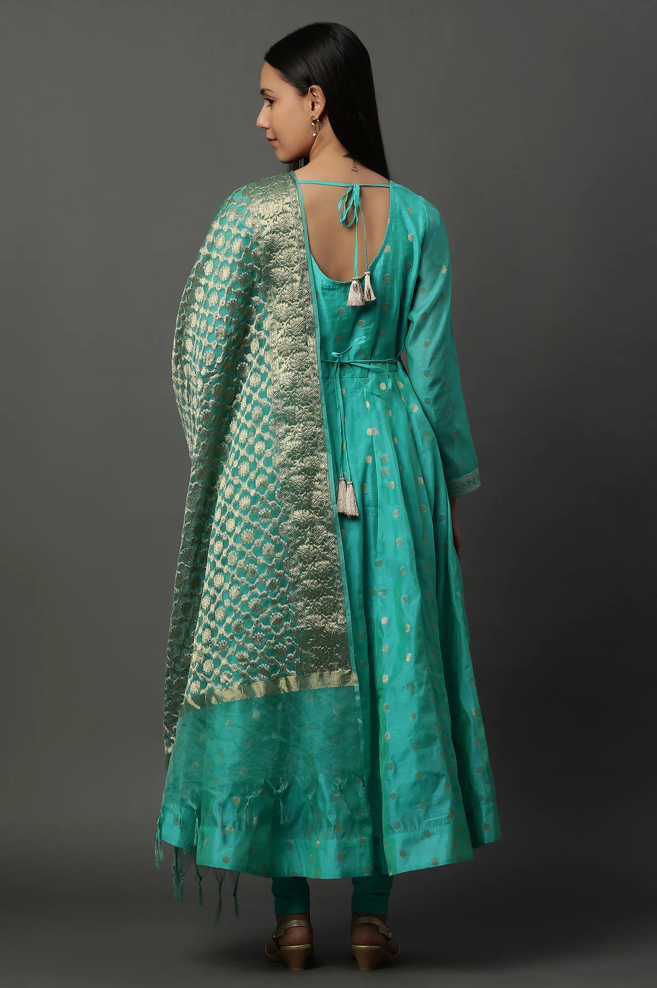 Teal Green Zari Anarkali Kurta, Tights and Banarsi Dupatta Set - Image 4