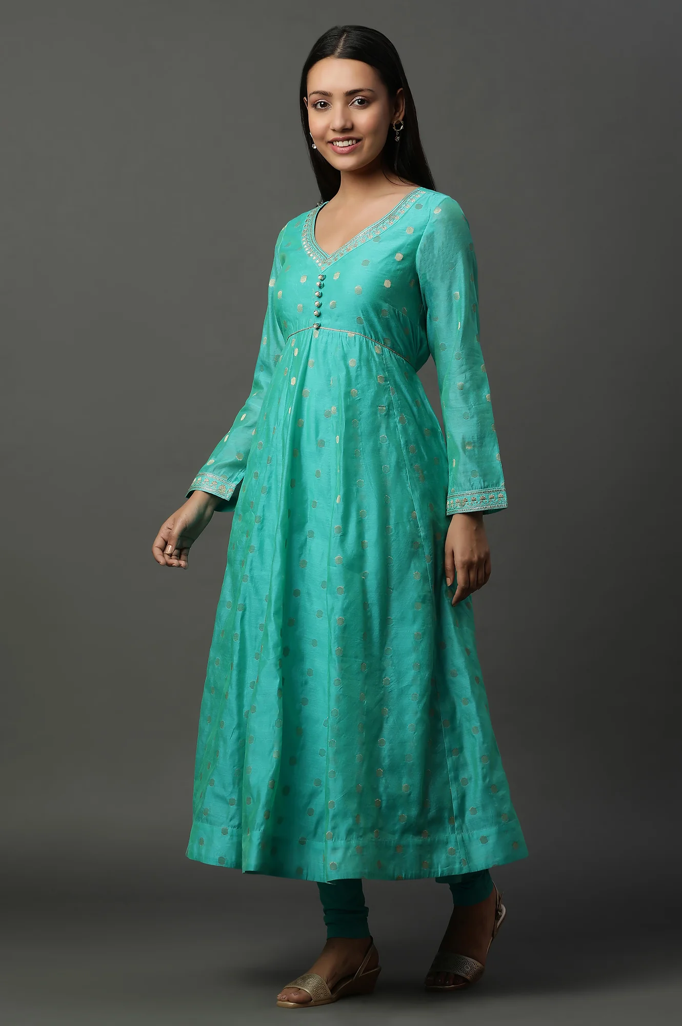 Teal Green Zari Anarkali Kurta, Tights and Banarsi Dupatta Set - Image 5