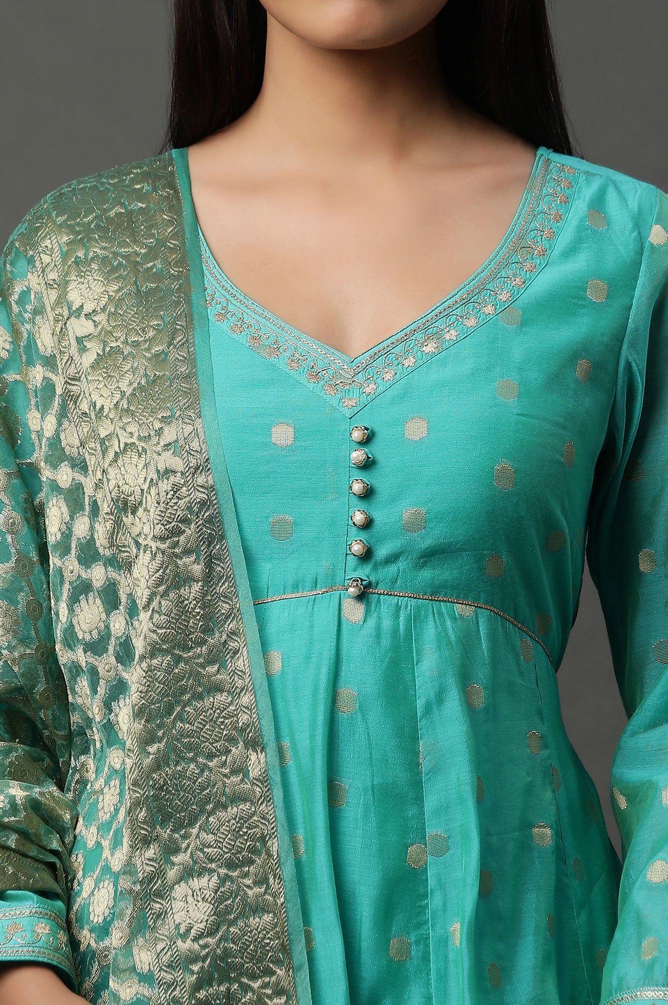 Teal Green Zari Anarkali Kurta, Tights and Banarsi Dupatta Set - Image 6