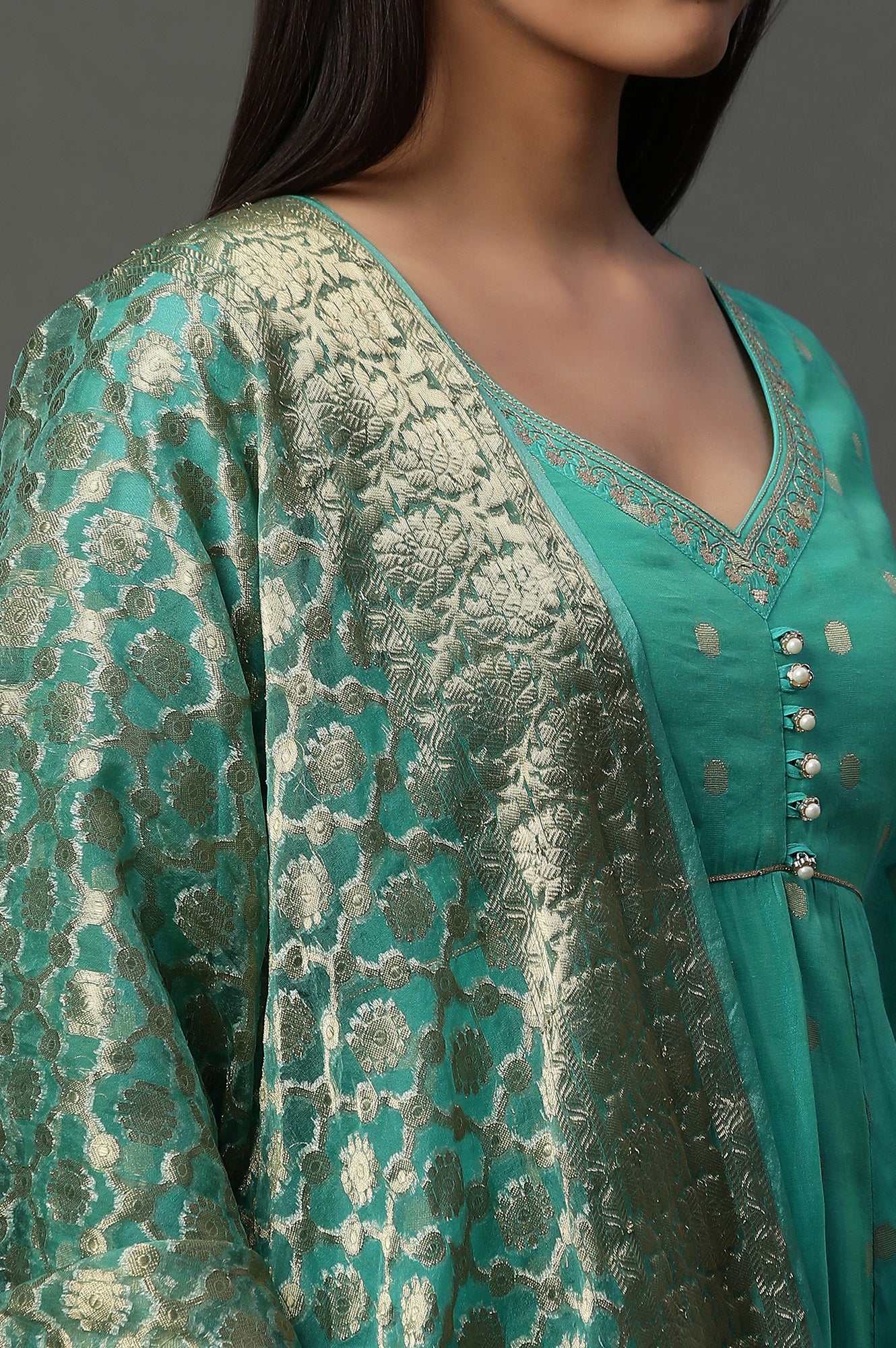 Teal Green Zari Anarkali Kurta, Tights and Banarsi Dupatta Set - Image 7