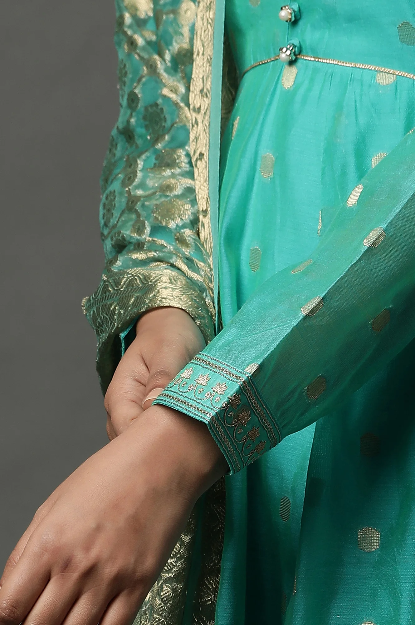 Teal Green Zari Anarkali Kurta, Tights and Banarsi Dupatta Set - Image 8