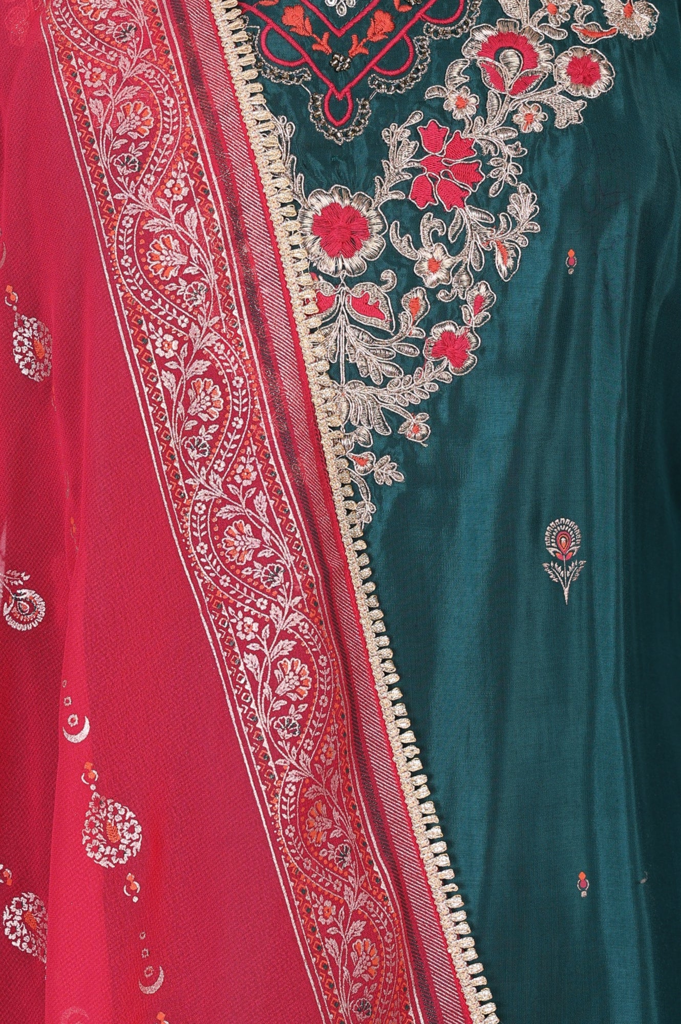 Teal Shantung Embroidered Straight Kurta with Ethnic Motifs Skirt and Printed Dupatta Set - Image 2