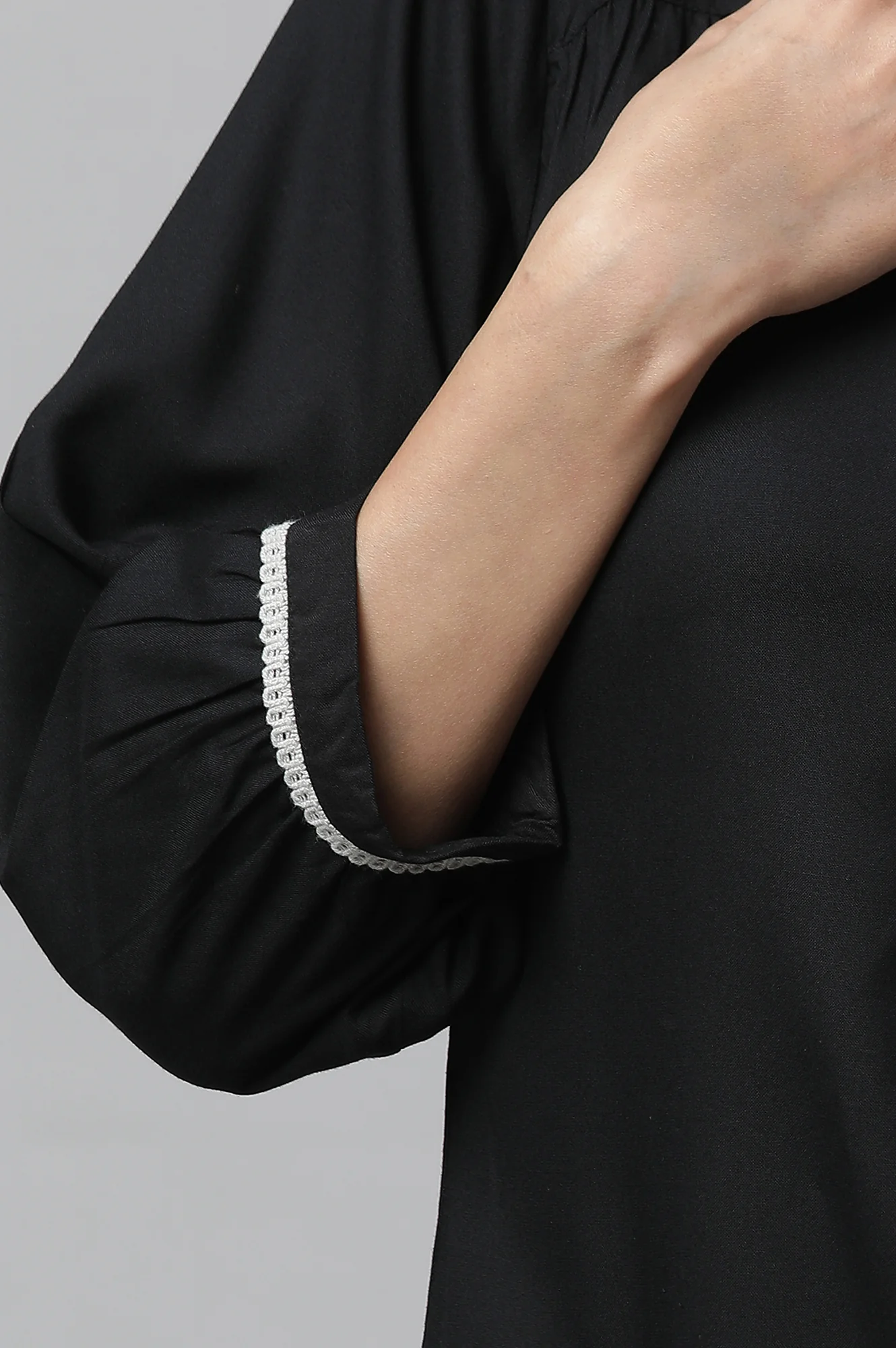 Black Solid Three-Quarter Sleeves V-Neck Rayon Kurti with Lace - Image 7