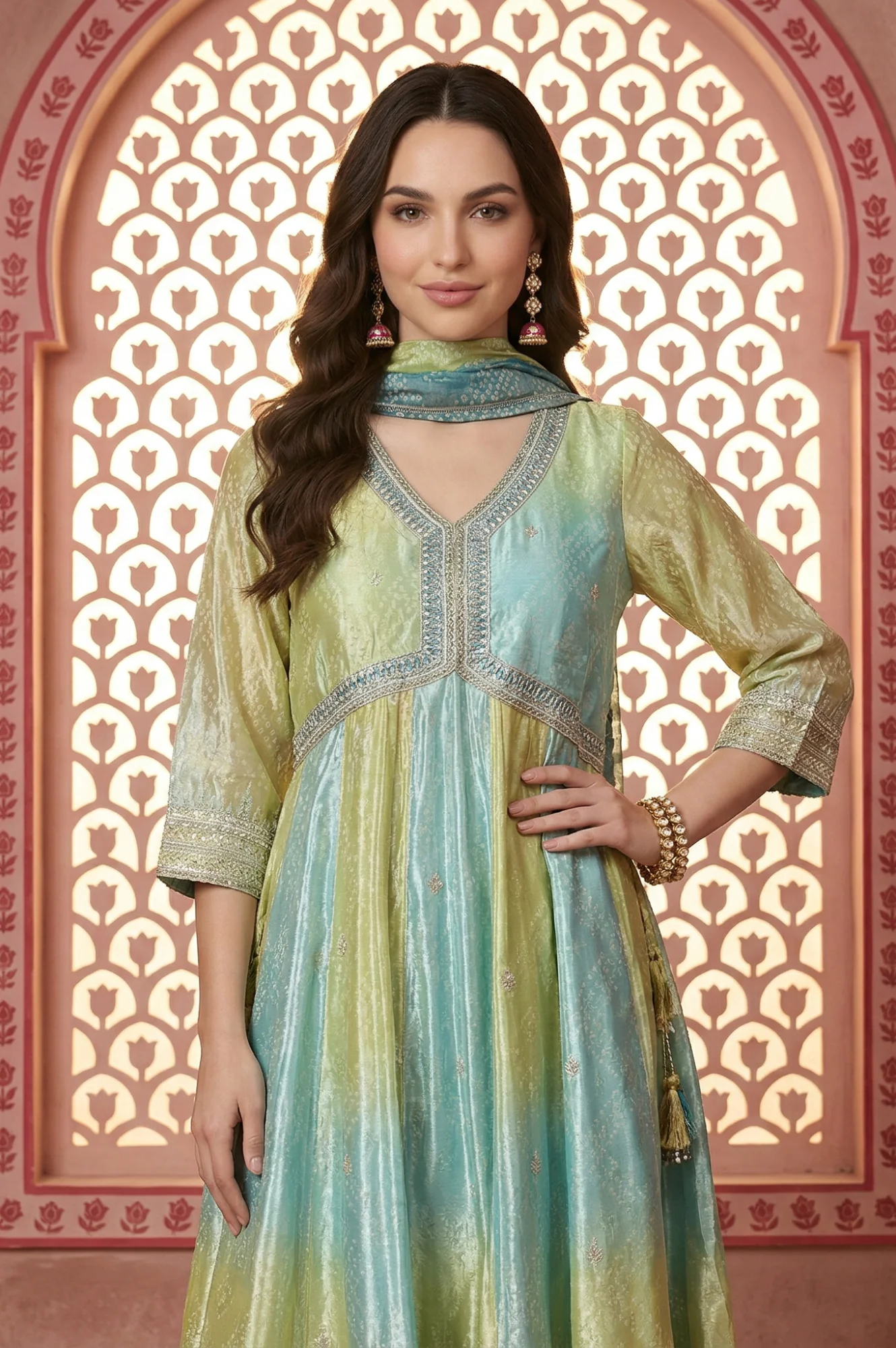Turquoise Blue and Lime Green Bandhani Zari Embroidered Anarkali Kurta with Palazzos & Dupatta Set - Image 3