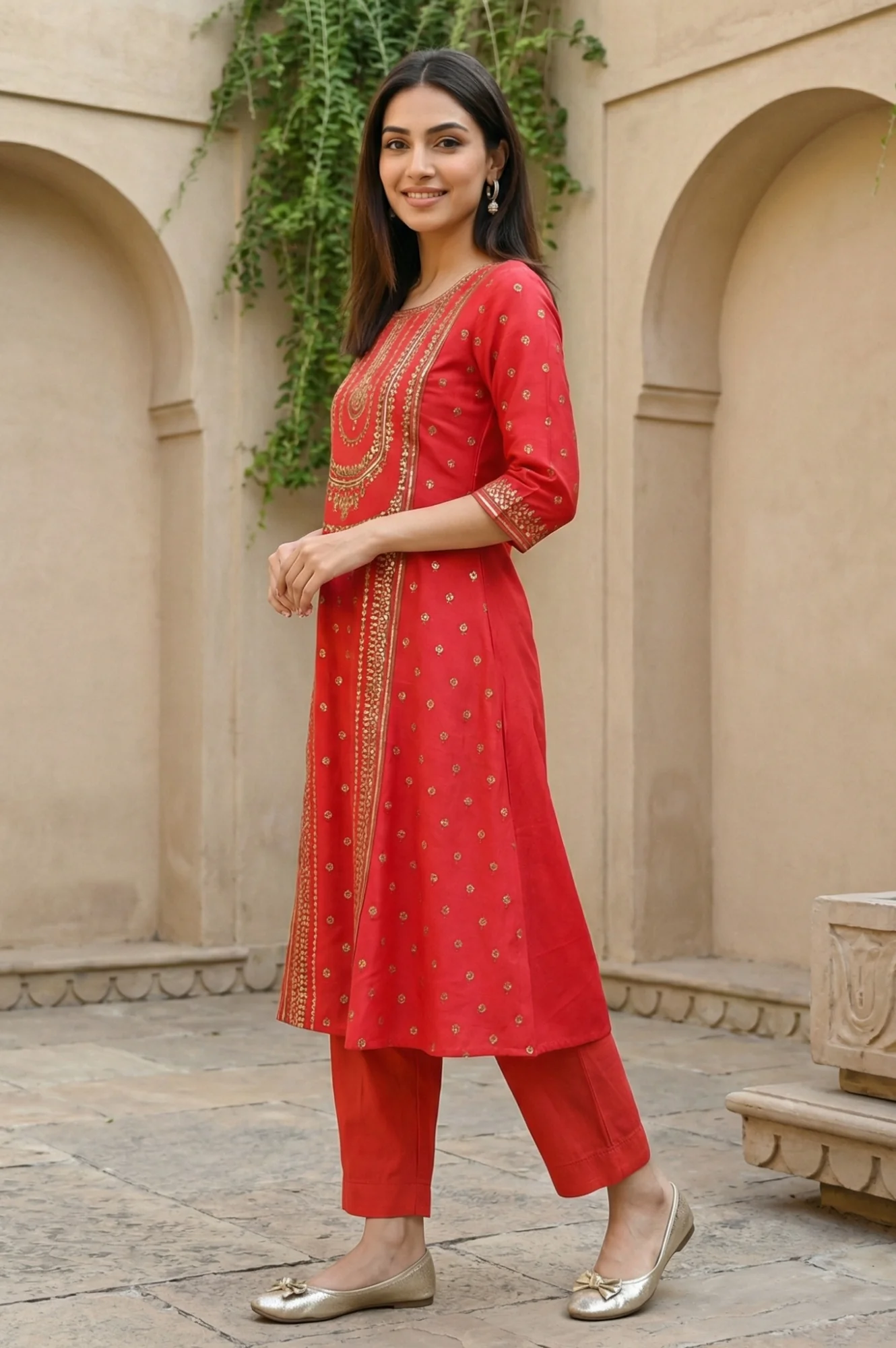 Virtual Pink Bold Floral Printed A-line Kurta - Image 4