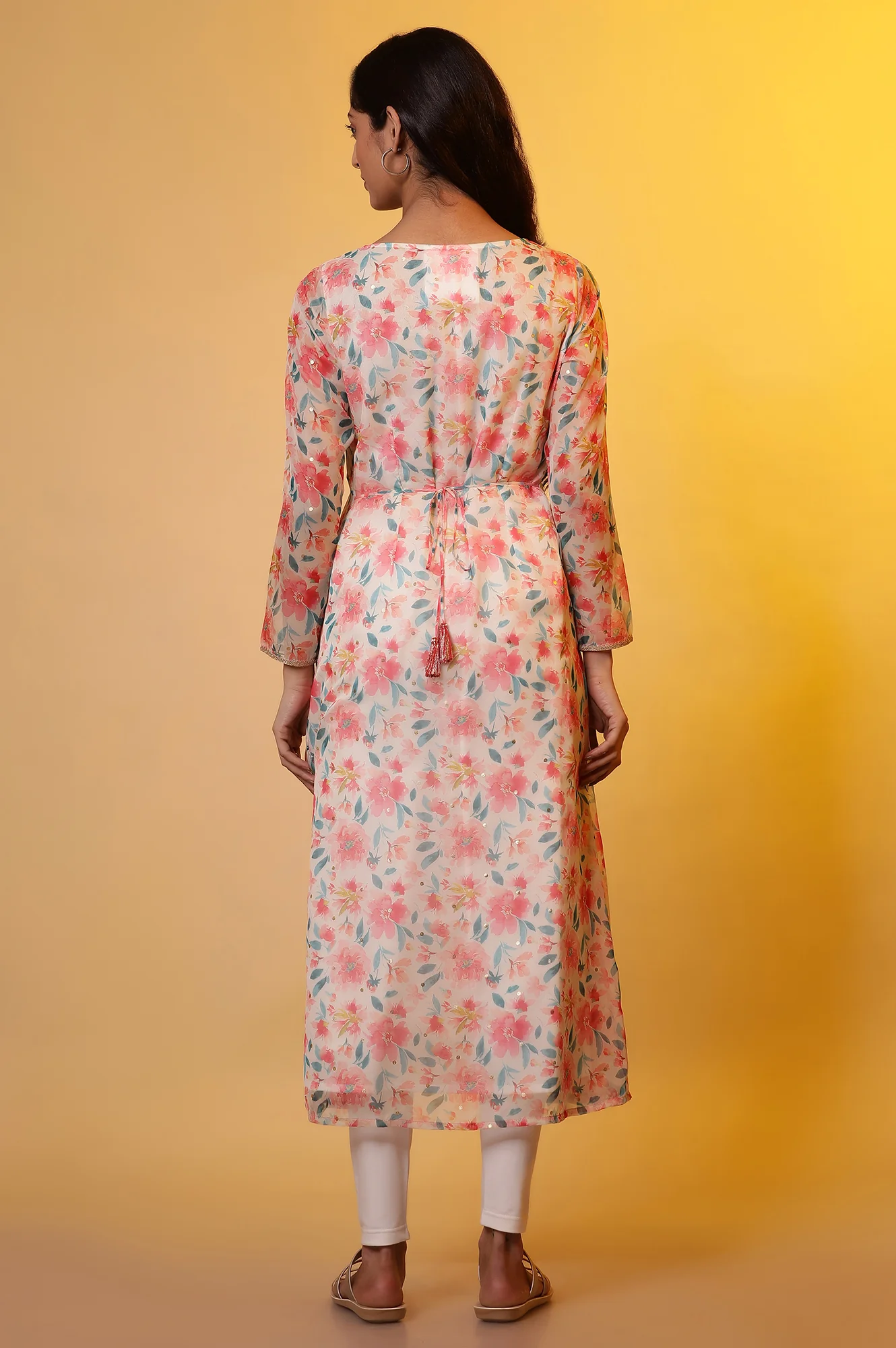 White A-line Organza Kurta with Pink Floral Print - Image 4