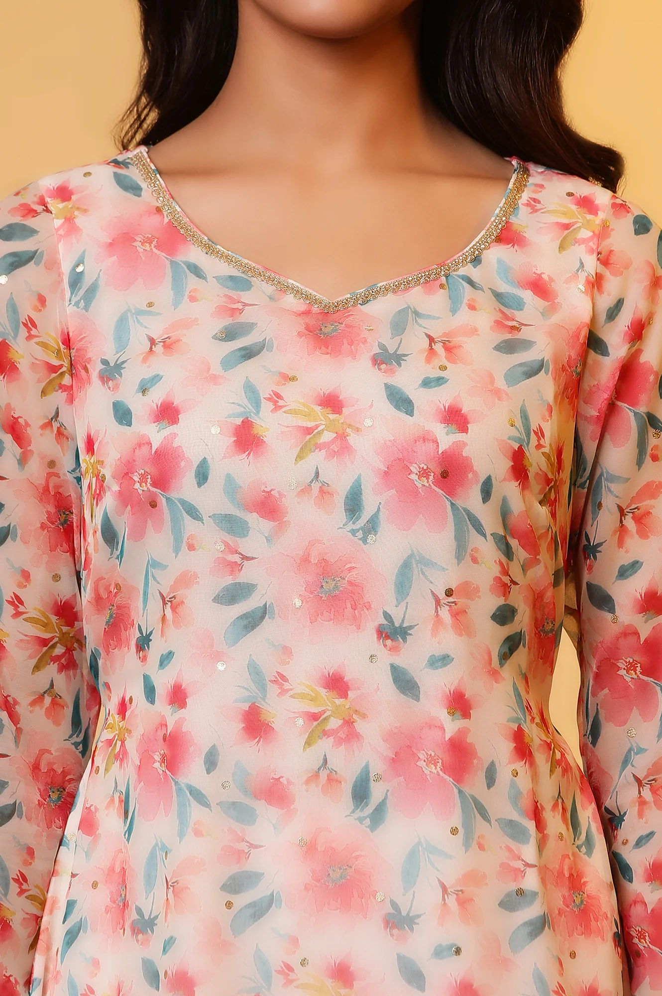 White A-line Organza Kurta with Pink Floral Print - Image 7