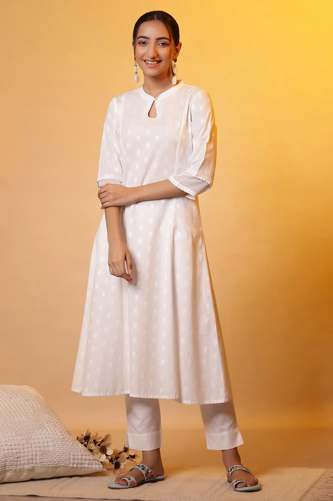 White A-line Printed Dobby Kurta - Image 2