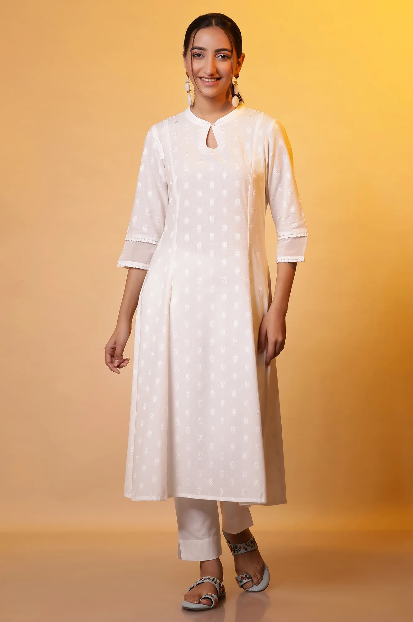 White A-line Printed Dobby Kurta - Image 3