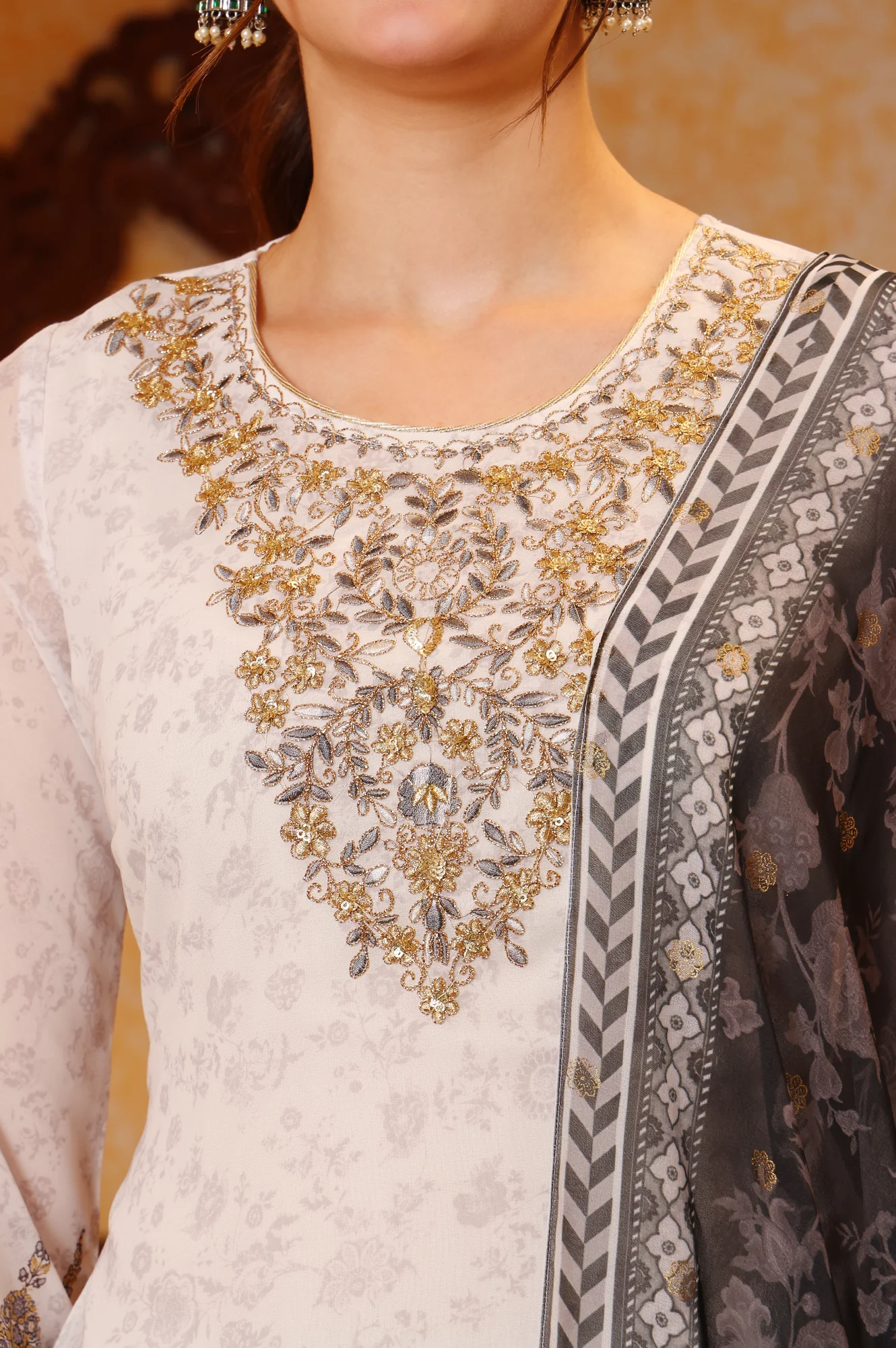 White Abstract Printed Zari Embroidered Straight Kurta, Sharara and Dupatta Set - Image 3