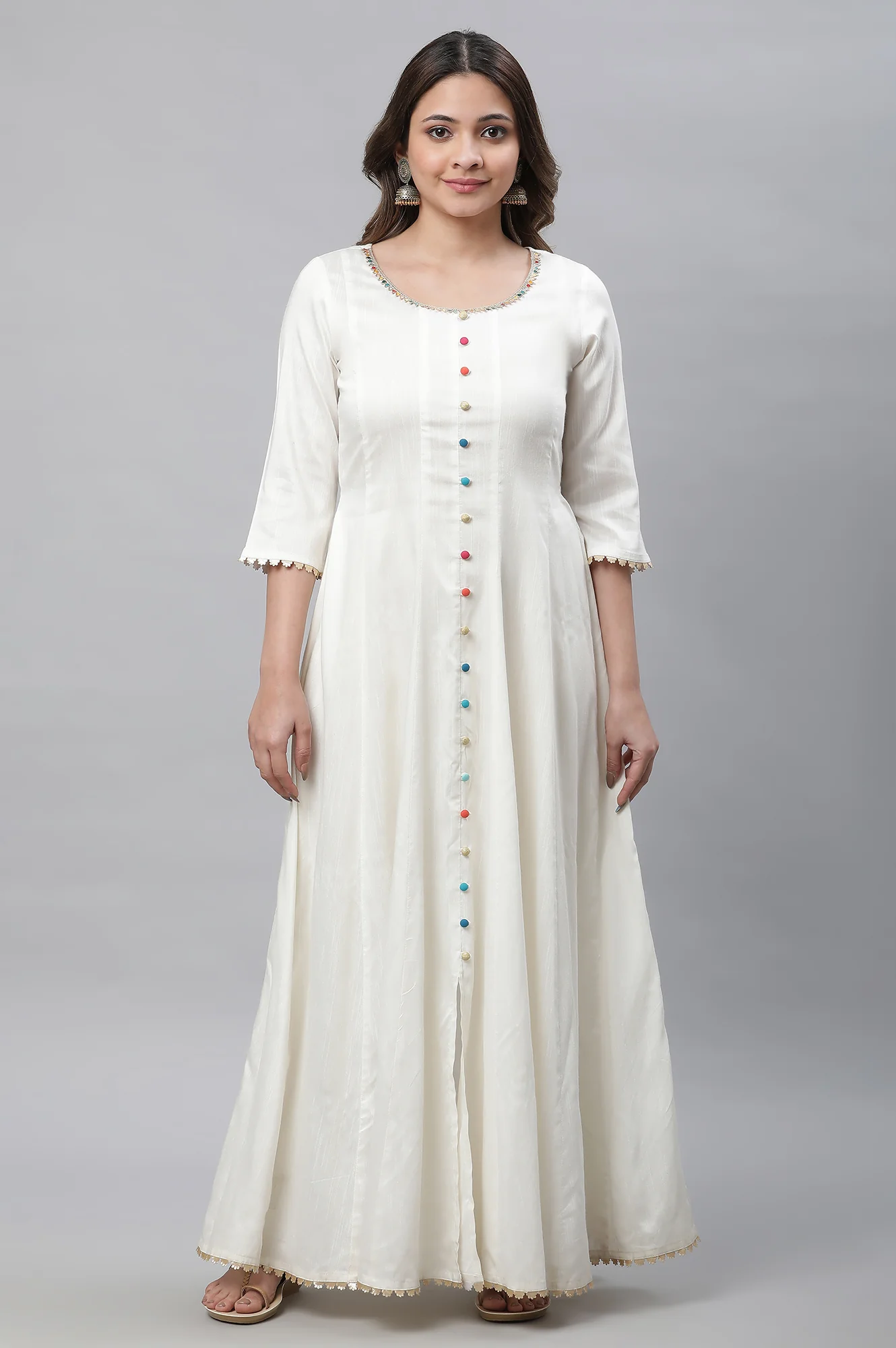 White Anarkali Kurta, Tights and Dupatta Set - Image 3