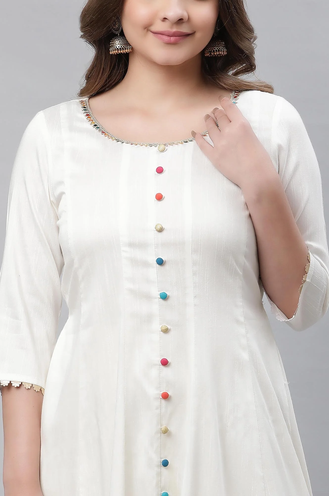 White Anarkali Kurta, Tights and Dupatta Set - Image 7