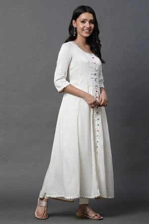 White Anarkali Kurta, Tights and Dupatta Set - Image 3