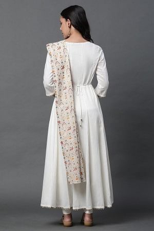 White Anarkali Kurta, Tights and Dupatta Set - Image 4