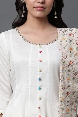 White Anarkali Kurta, Tights and Dupatta Set - Image 6