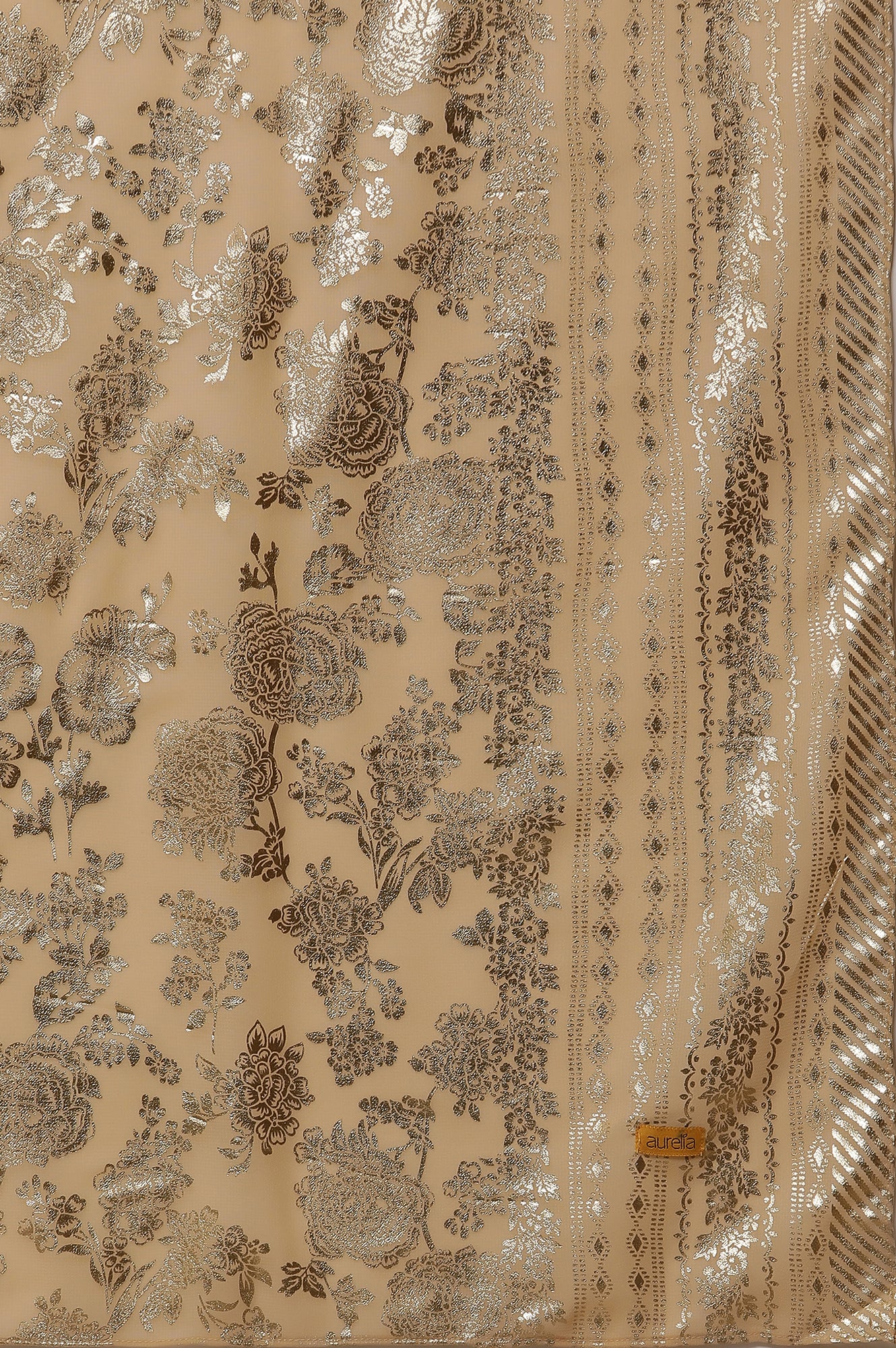 White and Blue Floral Printed Flared Kurta, Golden Tights and Dupatta Set - Image 10