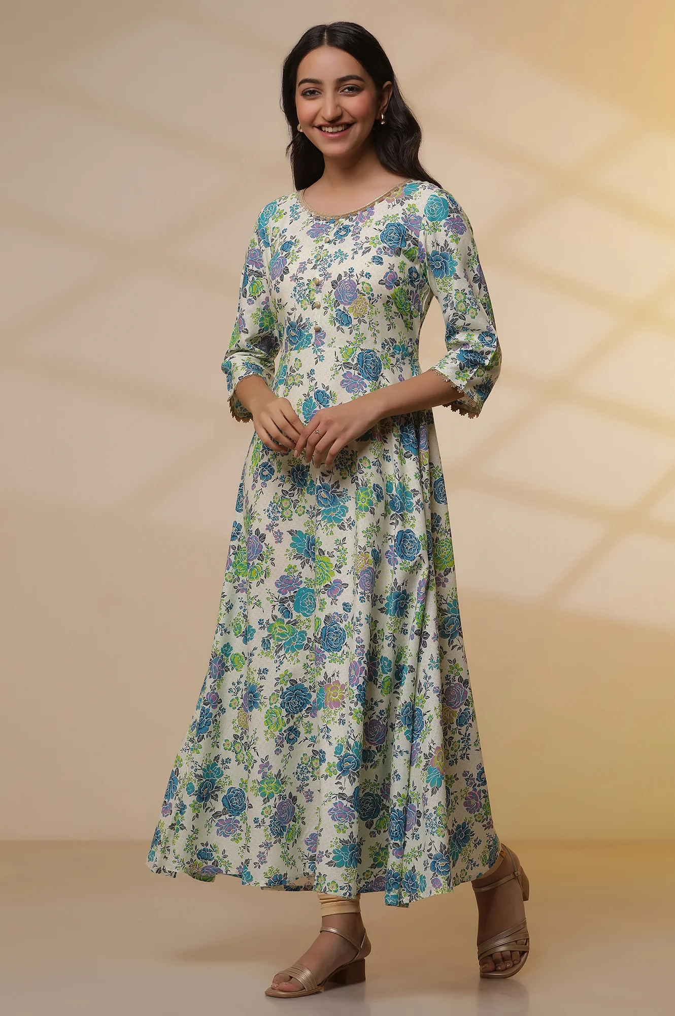 White and Blue Floral Printed Flared Kurta, Golden Tights and Dupatta Set - Image 3