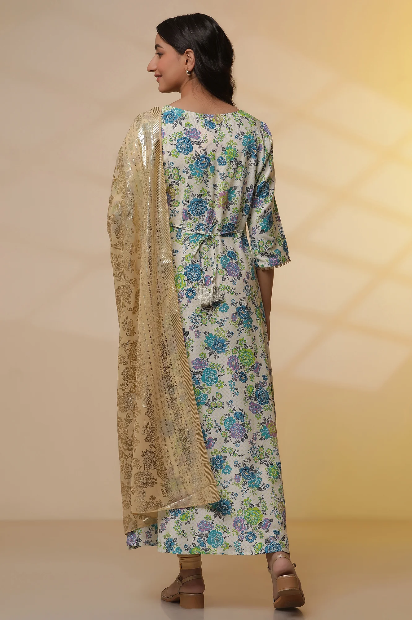 White and Blue Floral Printed Flared Kurta, Golden Tights and Dupatta Set - Image 4