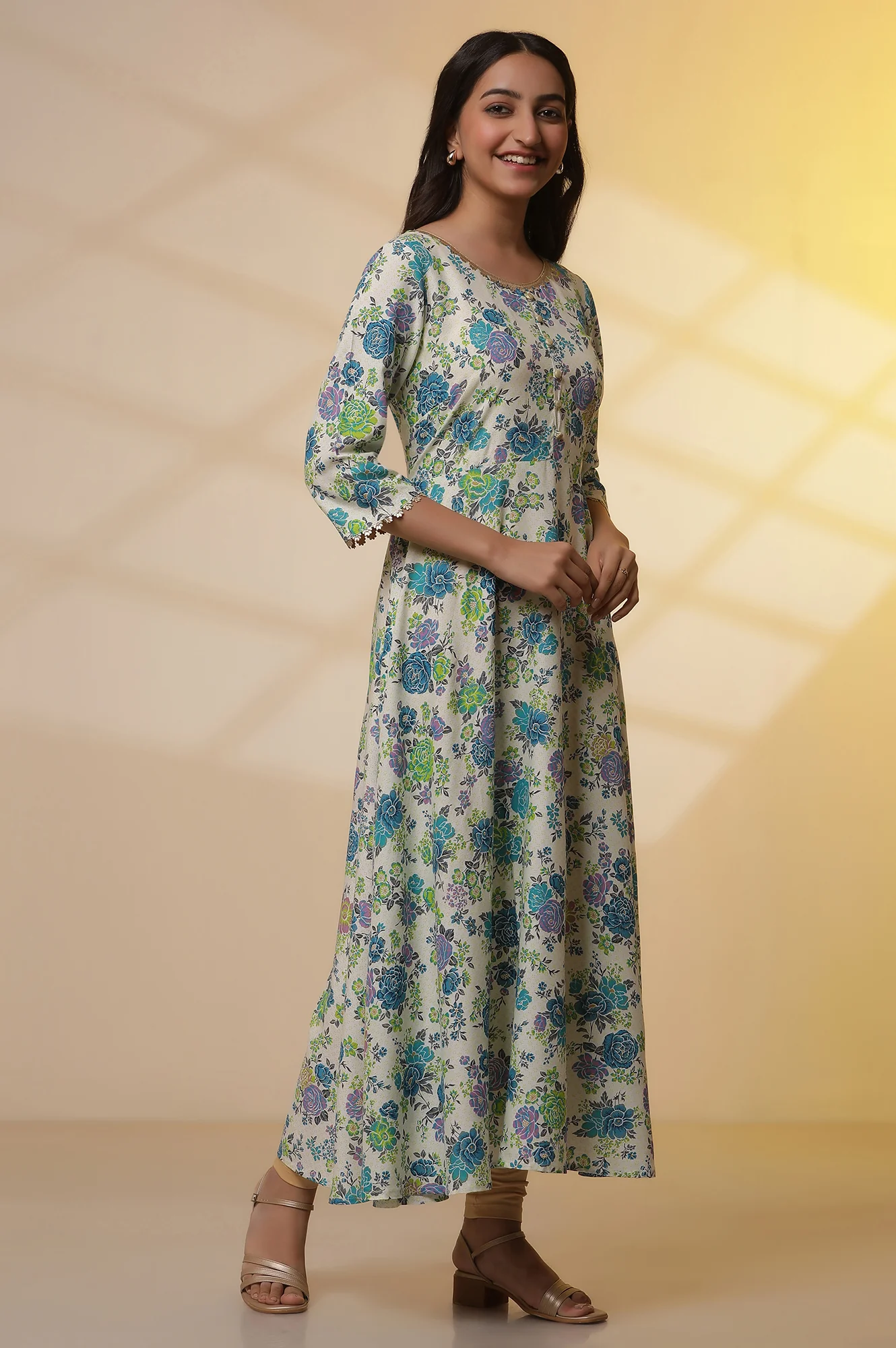 White and Blue Floral Printed Flared Kurta, Golden Tights and Dupatta Set - Image 5