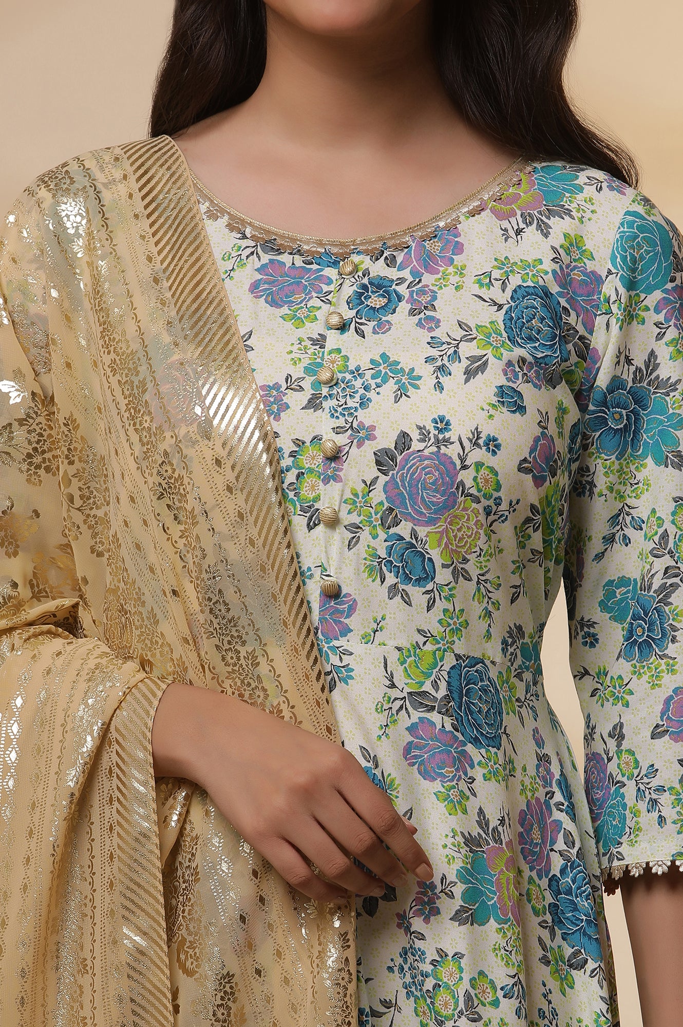 White and Blue Floral Printed Flared Kurta, Golden Tights and Dupatta Set - Image 6