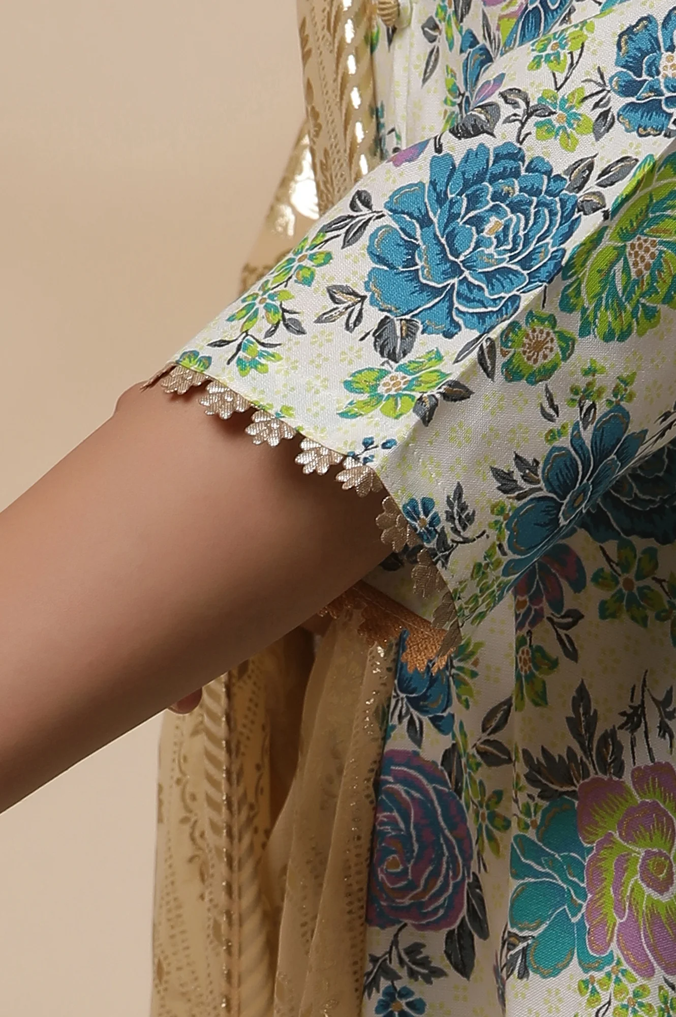 White and Blue Floral Printed Flared Kurta, Golden Tights and Dupatta Set - Image 7