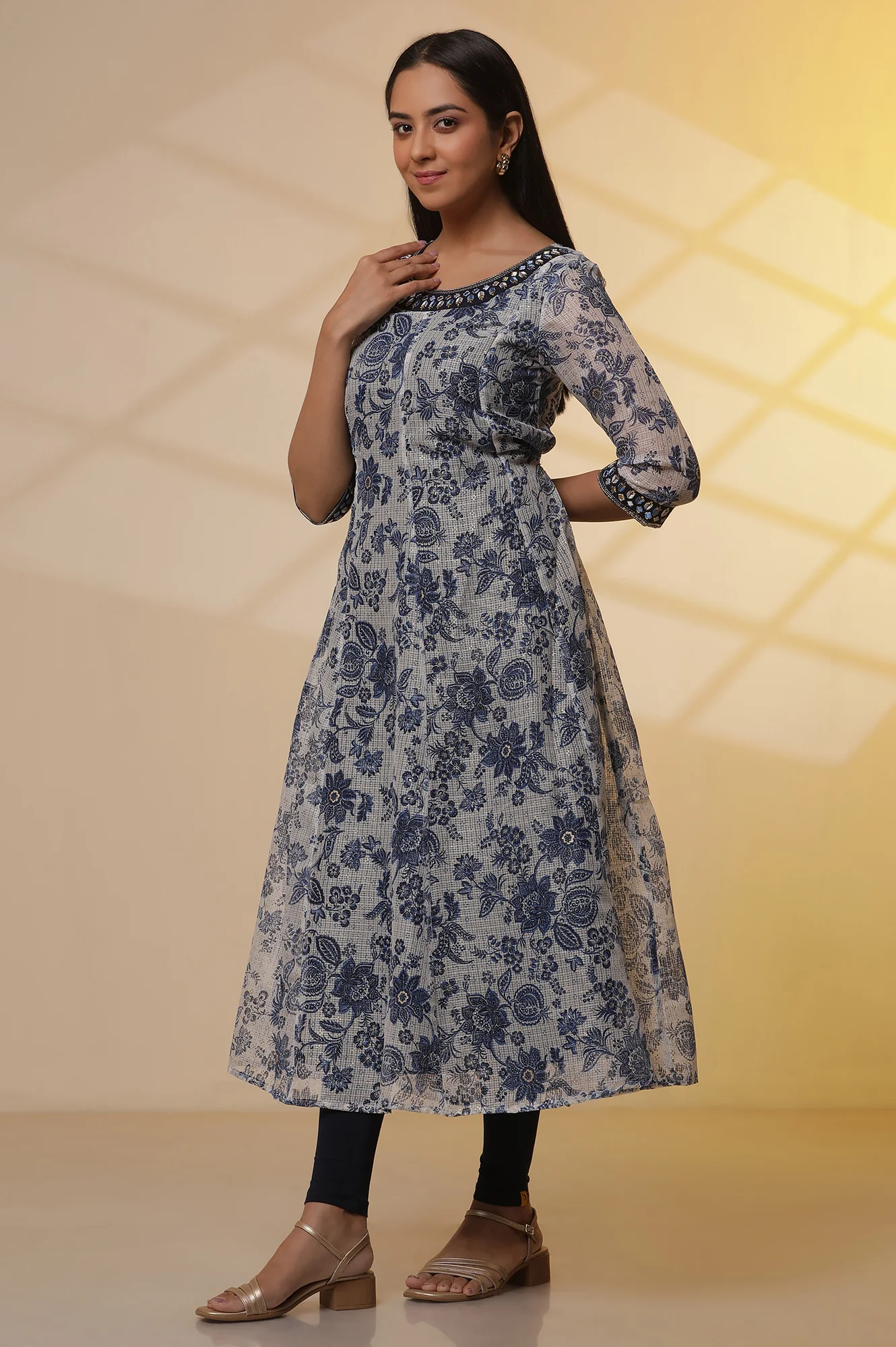 White and Blue Floral Printed Kota Anarkali Kurta, Tights and Dupatta Set - Image 3