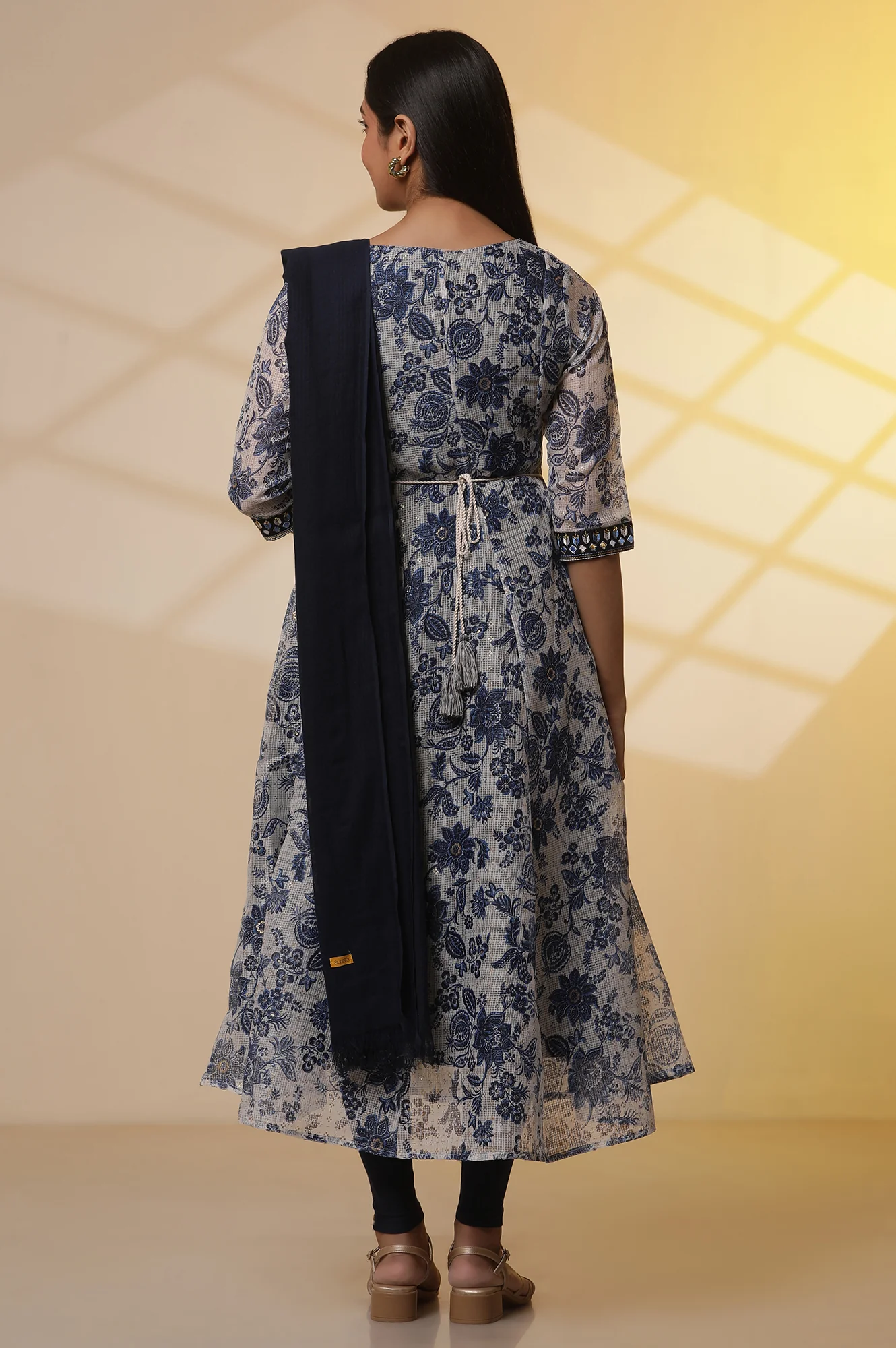 White and Blue Floral Printed Kota Anarkali Kurta, Tights and Dupatta Set - Image 4