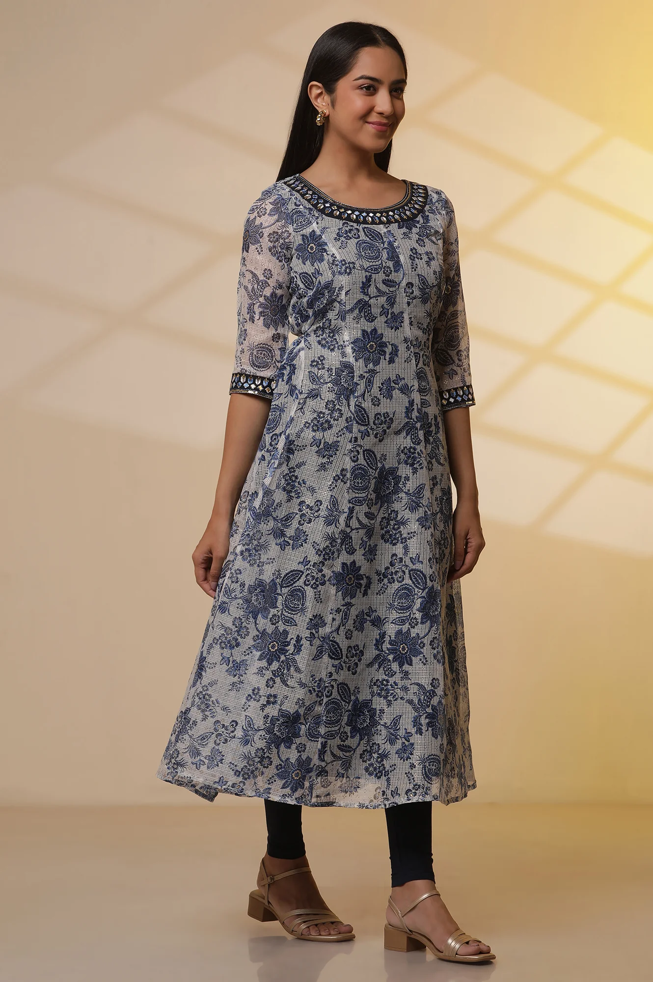 White and Blue Floral Printed Kota Anarkali Kurta, Tights and Dupatta Set - Image 5