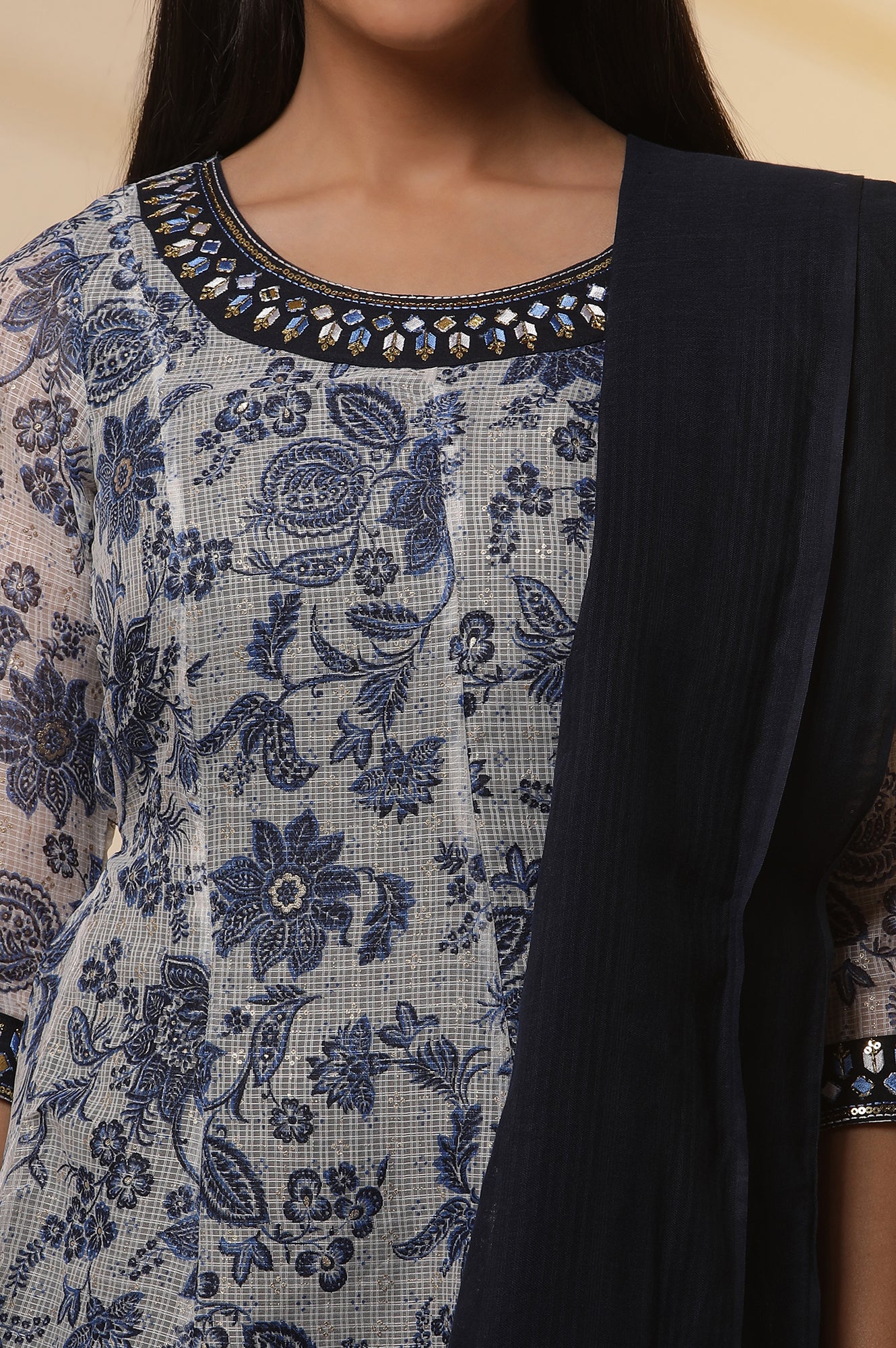 White and Blue Floral Printed Kota Anarkali Kurta, Tights and Dupatta Set - Image 6