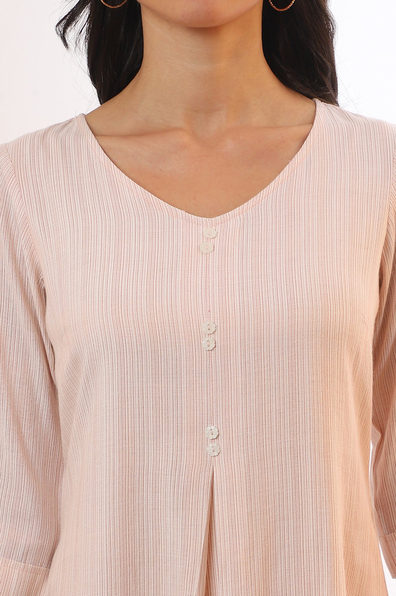 White and Brown Striped Yarn Dyed Flared Kurta - Image 4