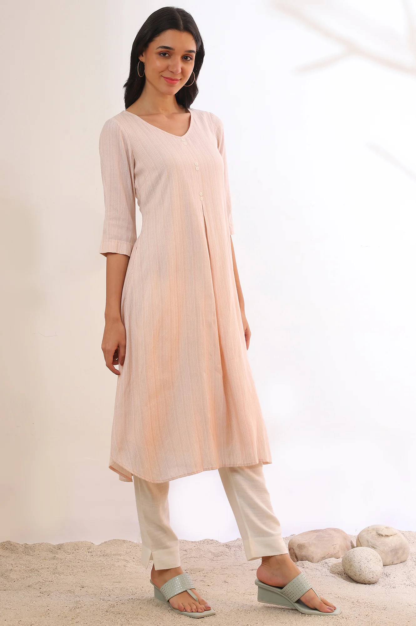 White and Brown Striped Yarn Dyed Flared Kurta - Image 7