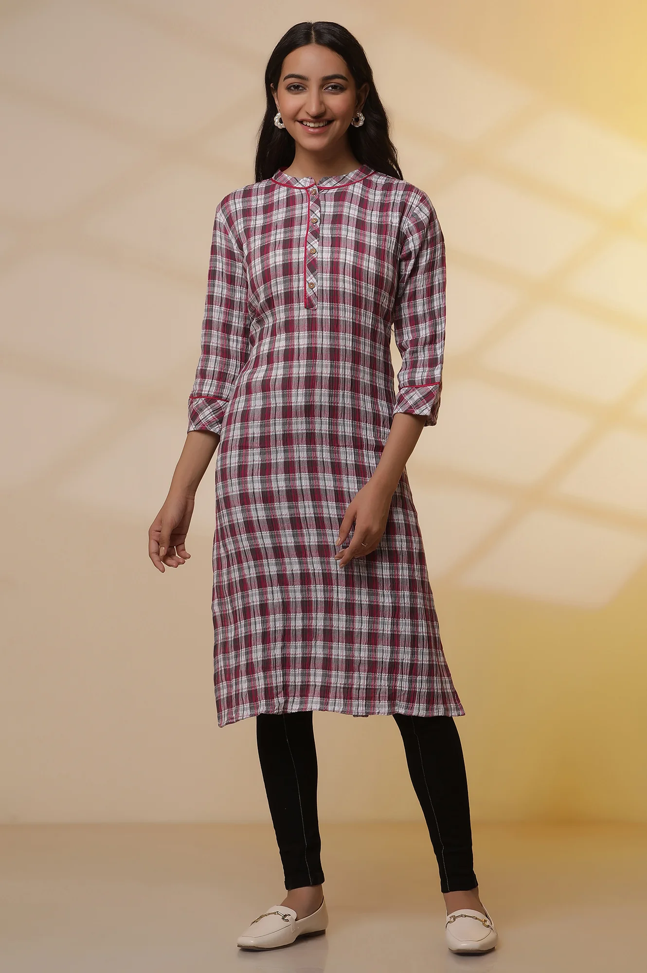 White and Magenta Checker Kurta and Denim Jeggings Set - Image 2