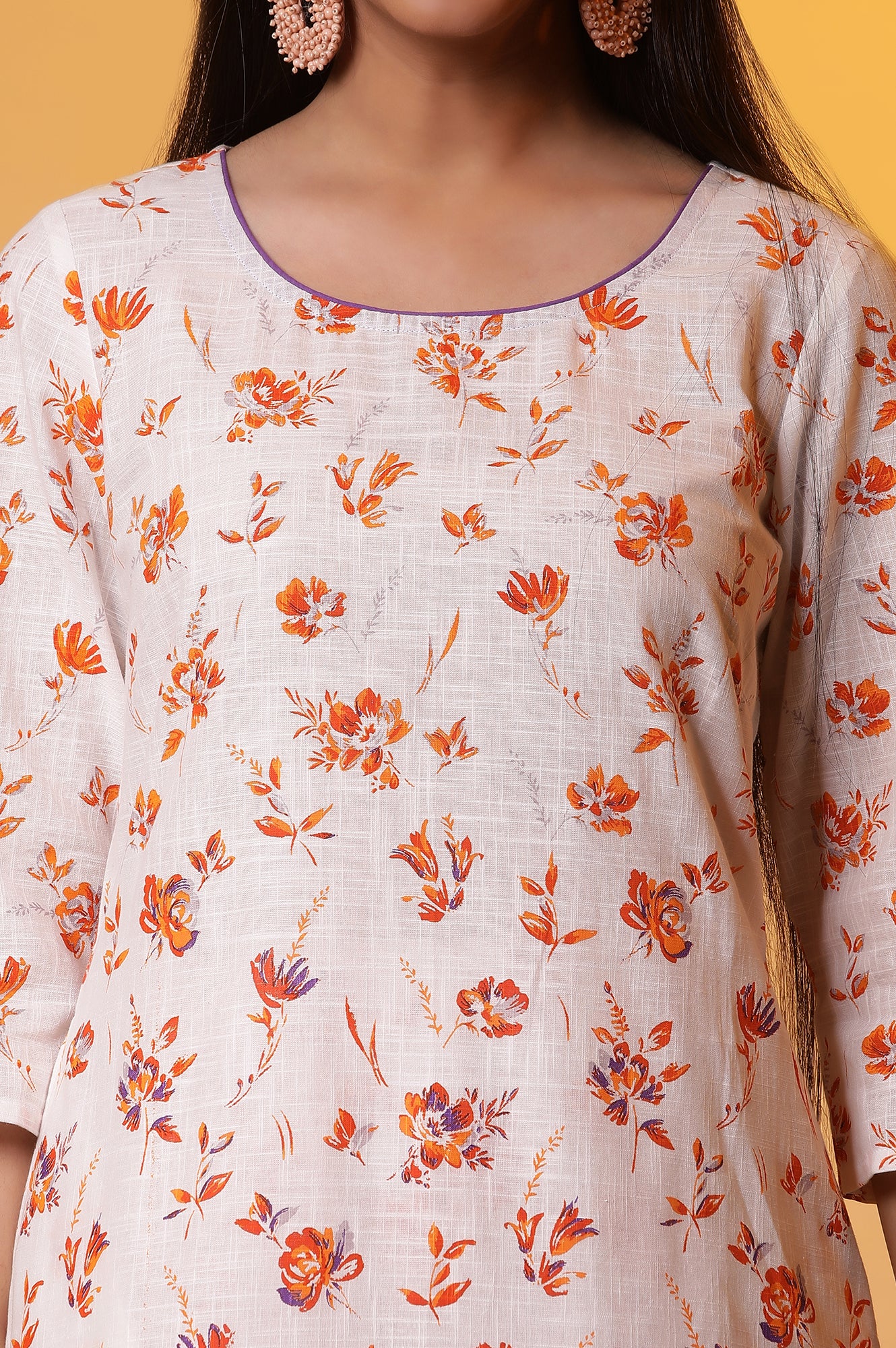 White and Orange Floral Printed Kurta and Palazzo Co-ord Set - Image 6