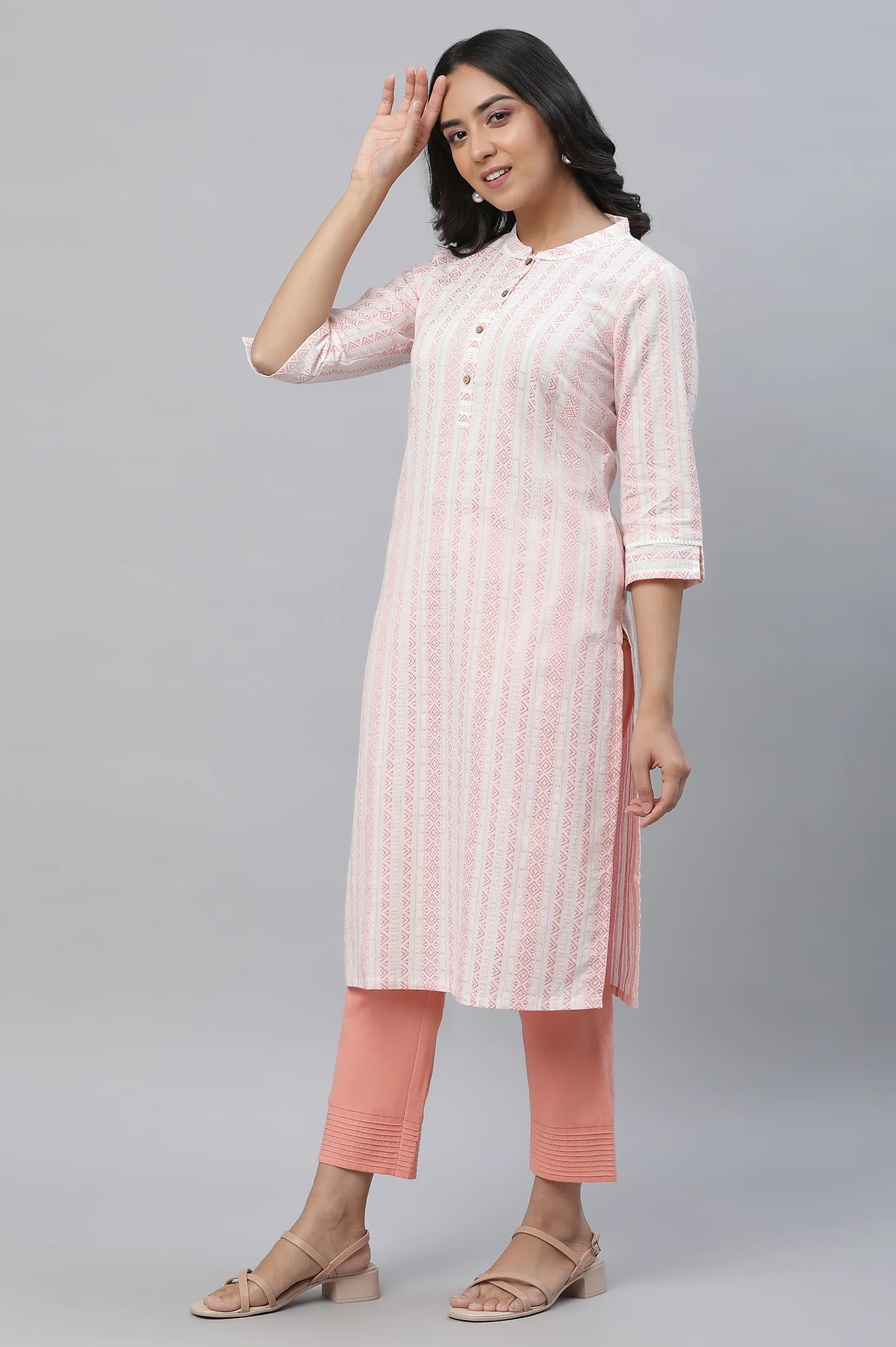 White and Peach Dobby Kurta and Trouser Set - Image 3