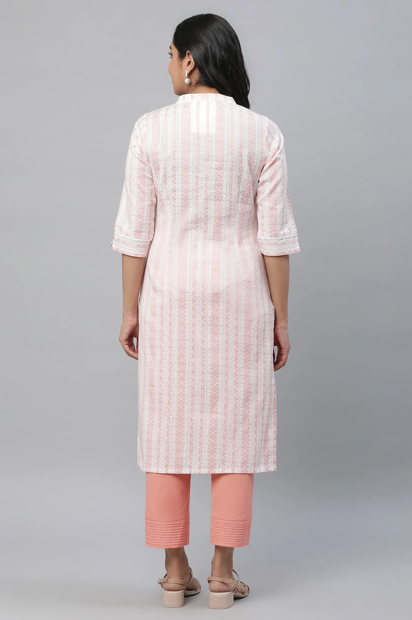 White and Peach Dobby Kurta and Trouser Set - Image 4