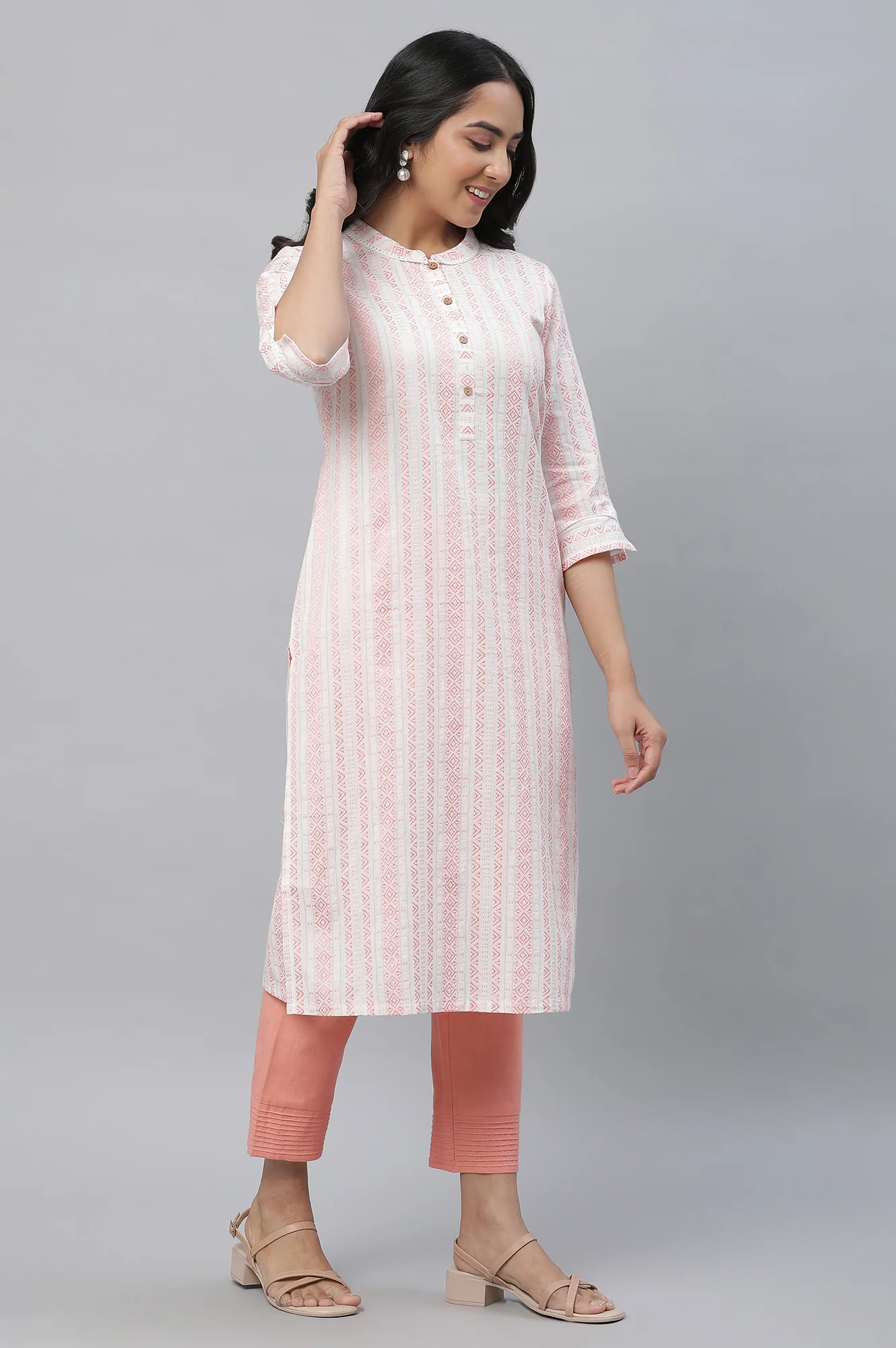 White and Peach Dobby Kurta and Trouser Set - Image 5