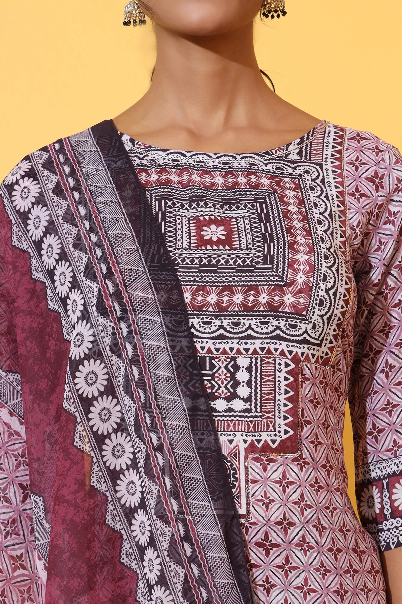 White and Purple Geometric Printed Modal Straight Kurta, Palazzo and Dupatta Set - Image 4