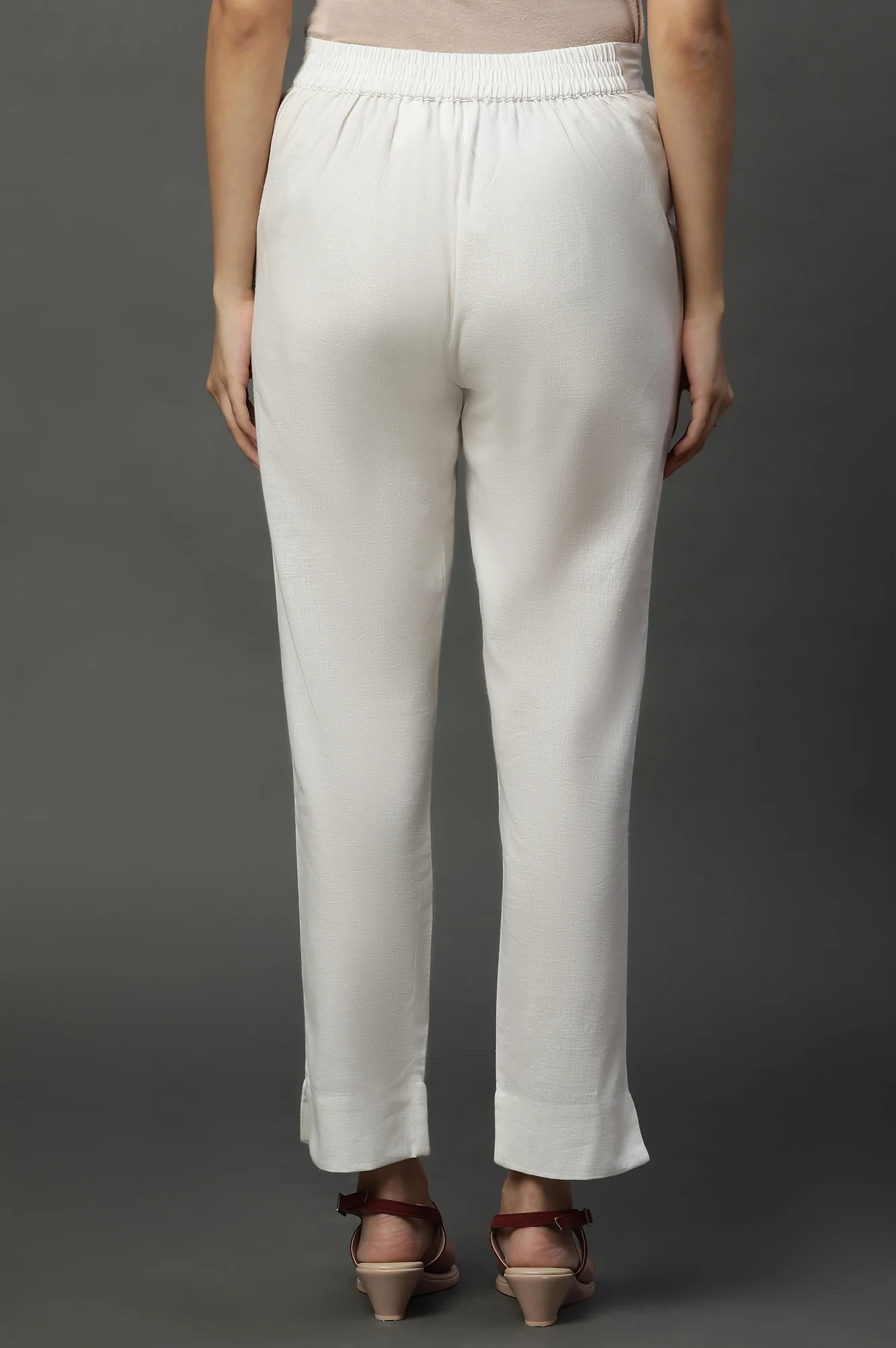 White Basic Cotton Flax Cotton Trouser Pants - Image 3