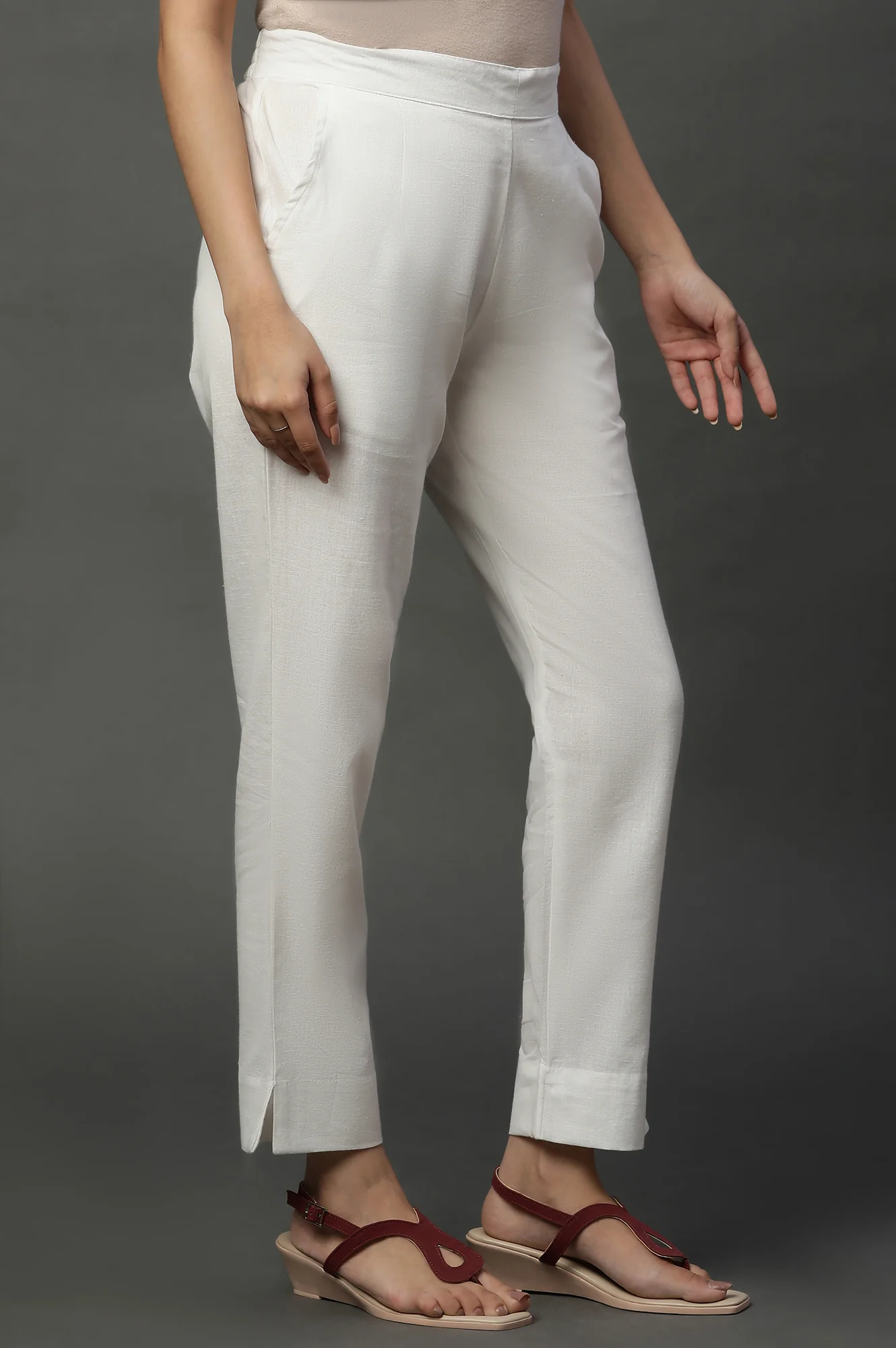 White Basic Cotton Flax Cotton Trouser Pants - Image 4